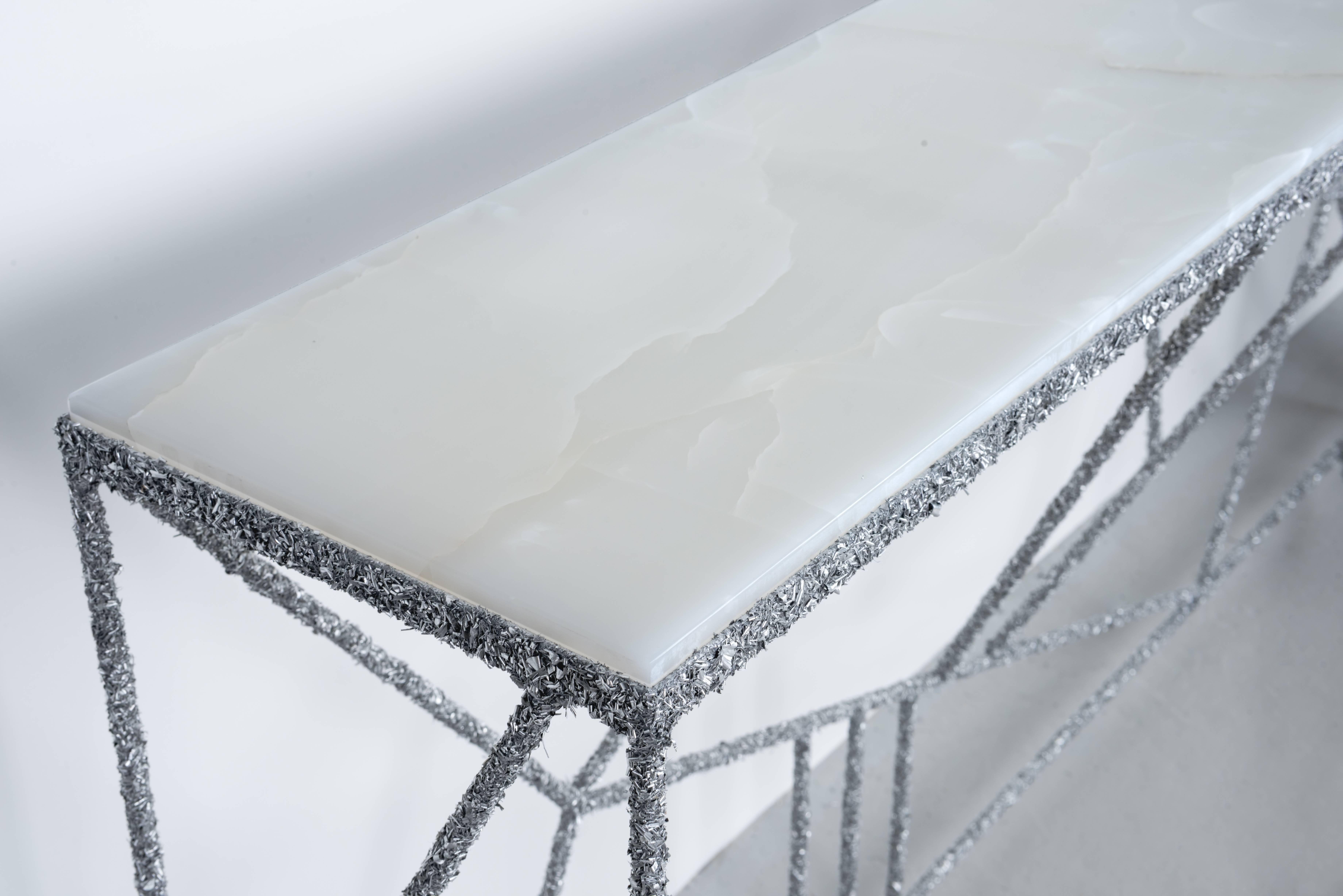 Contemporary Hand Made Console of Aluminum Shavings and Honed White Italian Onyx Top For Sale