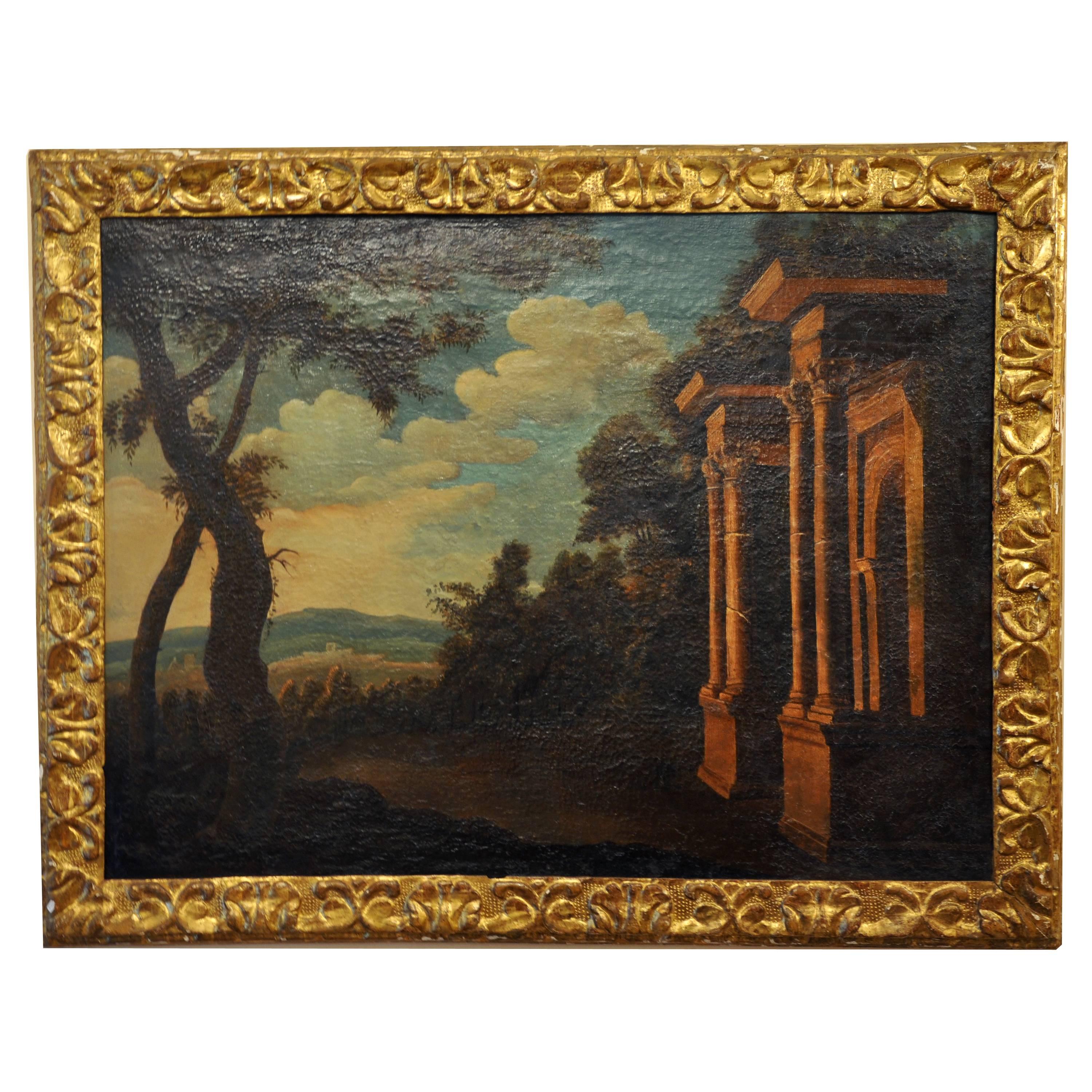 Couple of important Roman school paintings of landscapes with architectural ruins and characters. Oil on canvas with Coeval frame in hand-carved wood and gilded in gold leaf. Small restorations in the canvas sustained over time. Central Italy, early