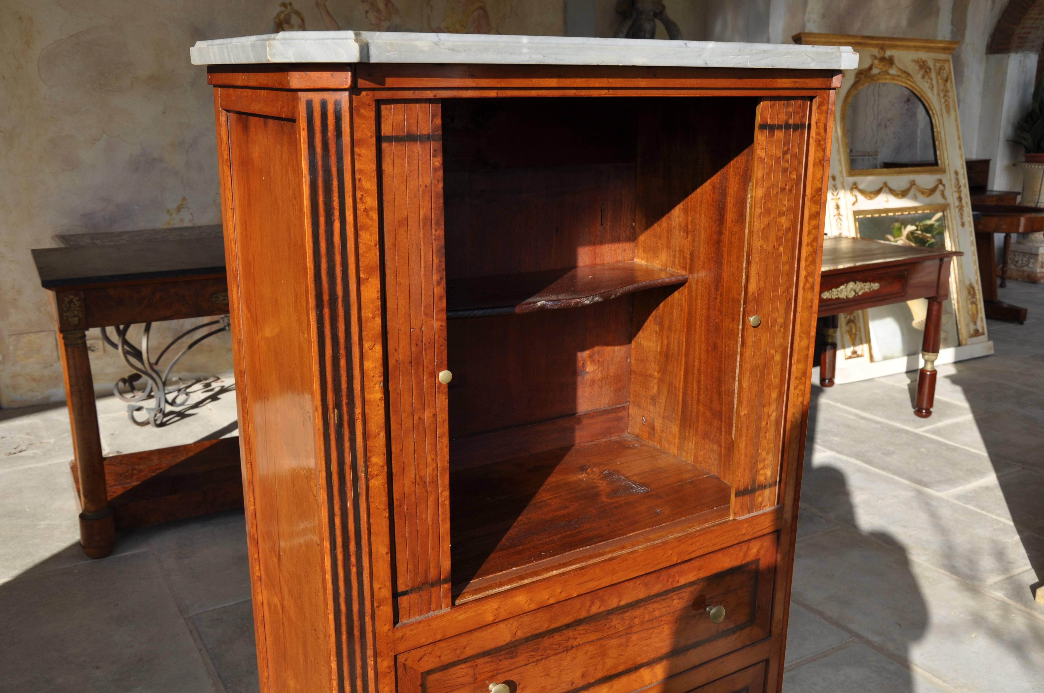 Belgian 19th Century Walnut Cabinet with Top in Gray Marble Top and Unusual Opening For Sale