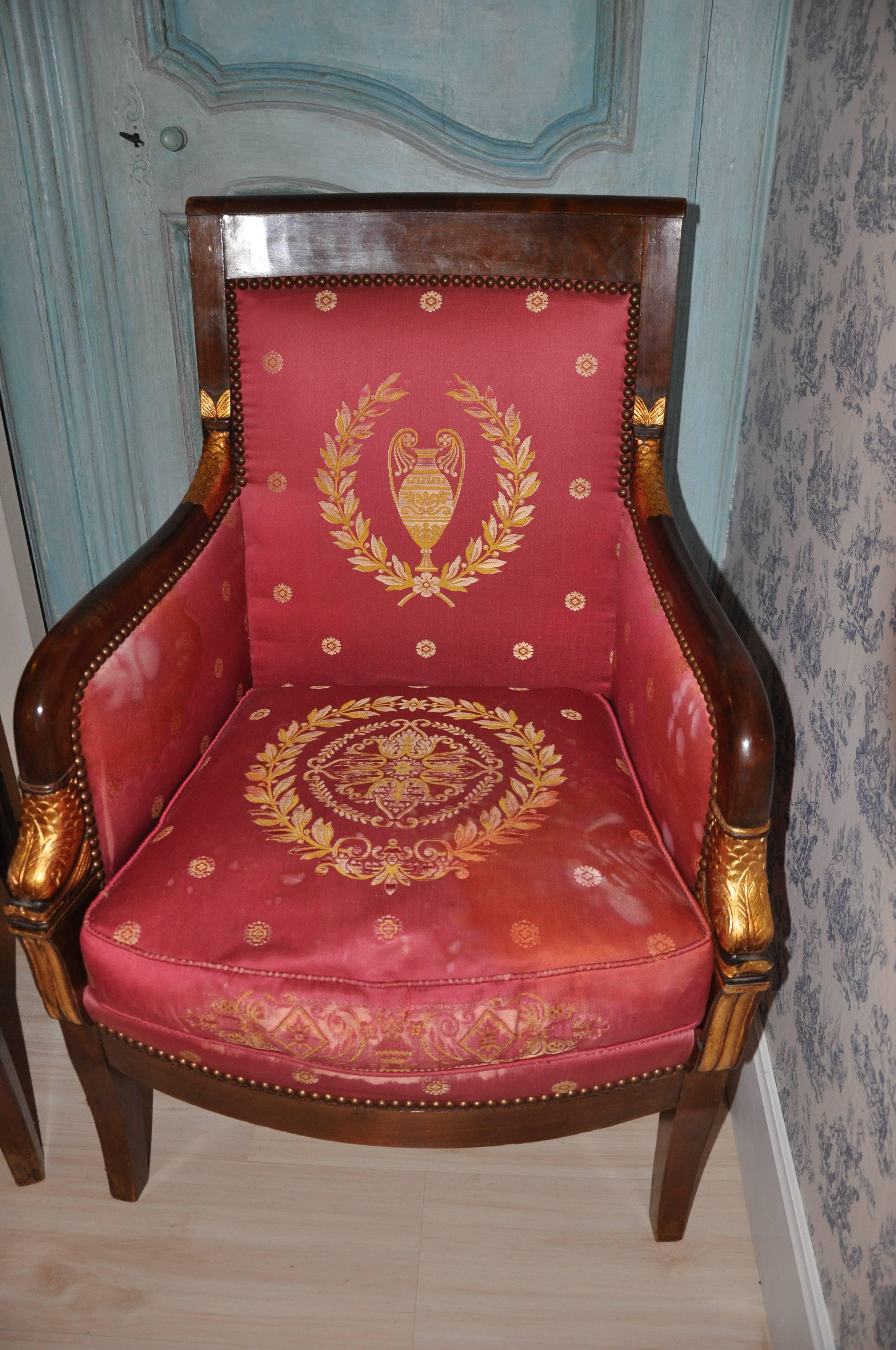 19th Century Rare Pair of Italian Empire Armchairs with Gold Leaf Decorations For Sale 1