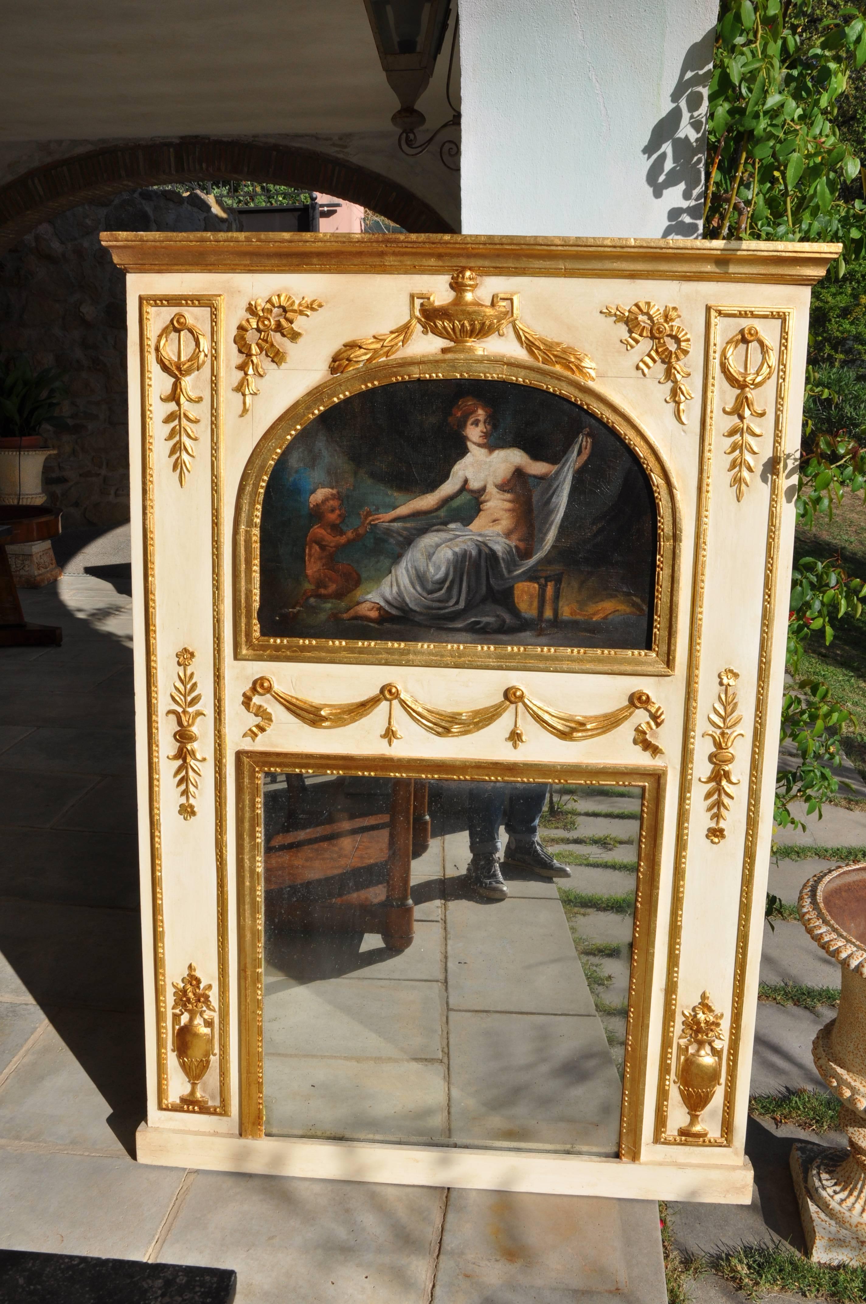 19th century. Rare mirror made of wood and pastel, lacquered and gold-plated gold leaf, with oil painting at the top. Sec XIX (1820-1840). The mirror measures 123 x 175 cm. The mirror is original in all its parts.
