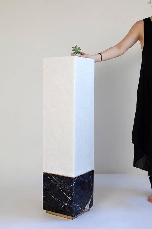 Meta Pedestal in White Quartz, Black Marble with Brass Details at