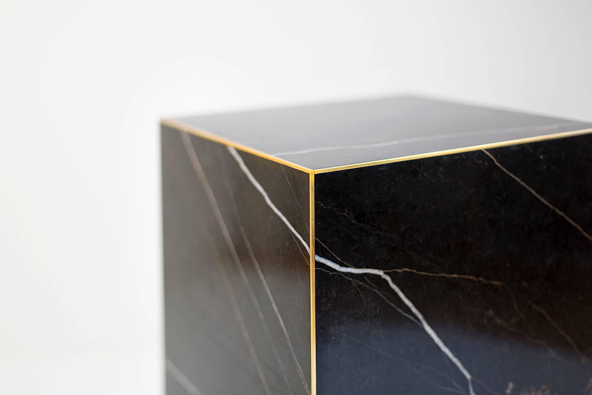 American Meta End Table in Black Marble, Dyed Solid White Oak with Brass Details For Sale