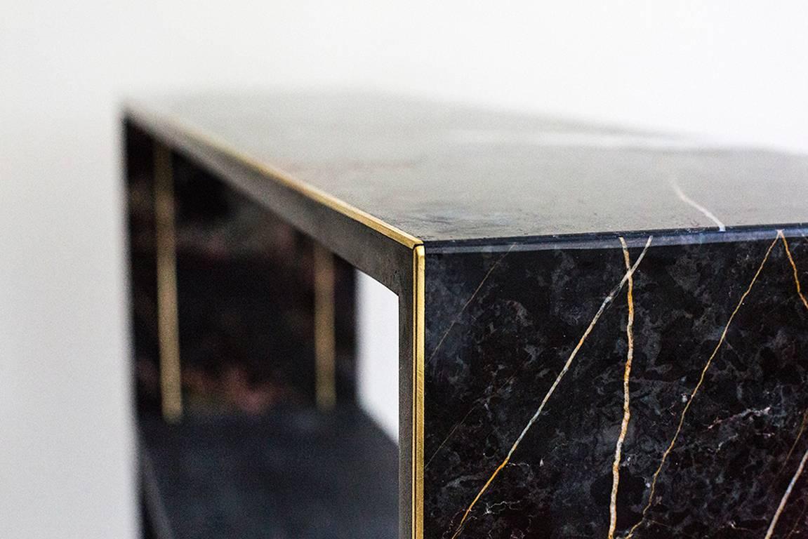 American Meta Console Table in Black Marble, Dyed Solid White Oak with Brass Details