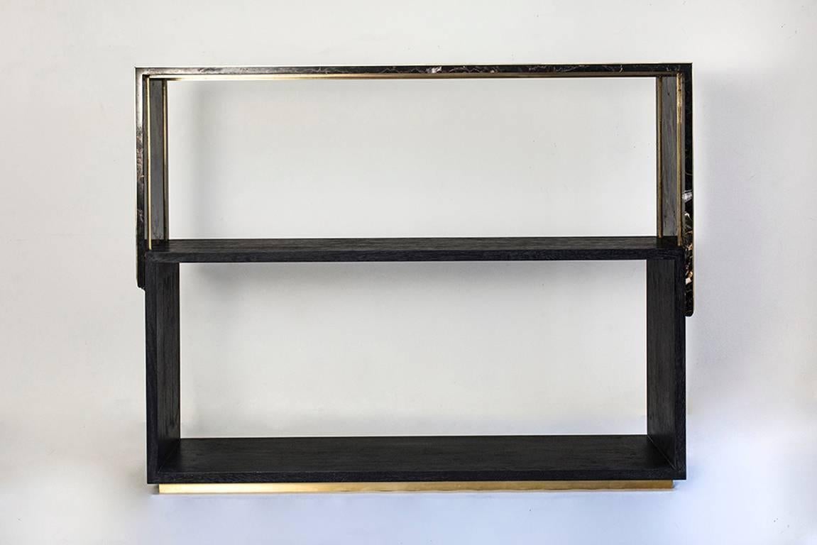 Meta Console Table in Black Marble, Dyed Solid White Oak with Brass Details In New Condition In Brooklyn, NY