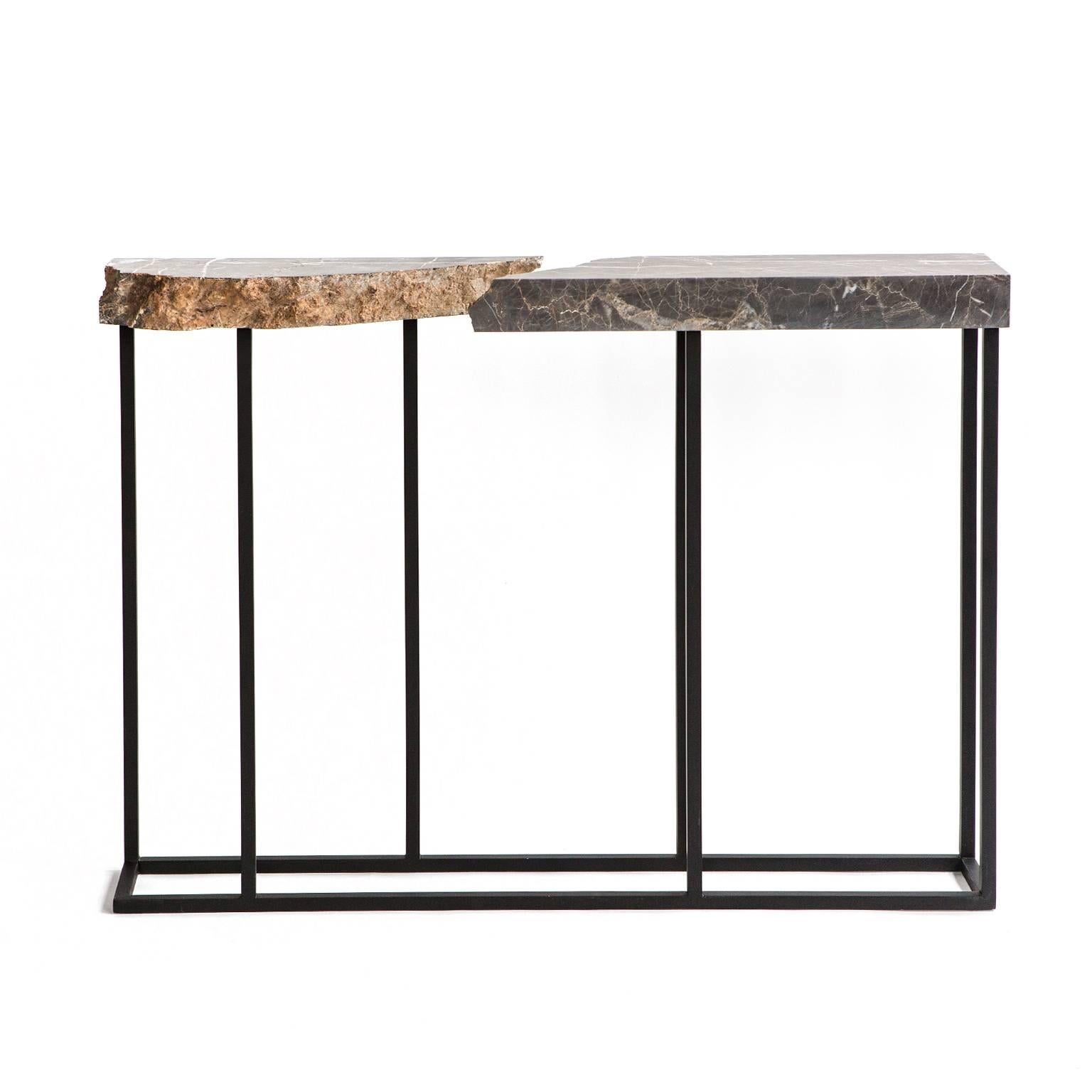 This unique console table is a part of the FOUND collection of one-of-a-kind functional art pieces. A hand-picked 2.75