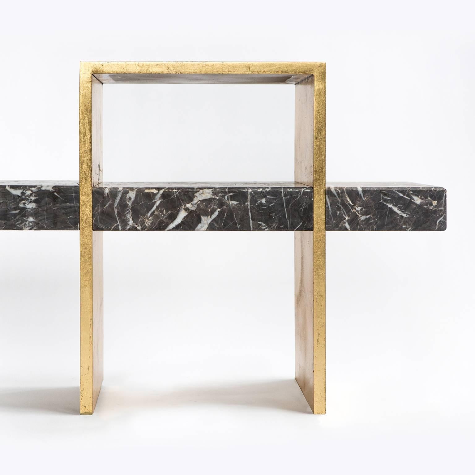 Contemporary Found Long Bench in Grey Marble, Steel 