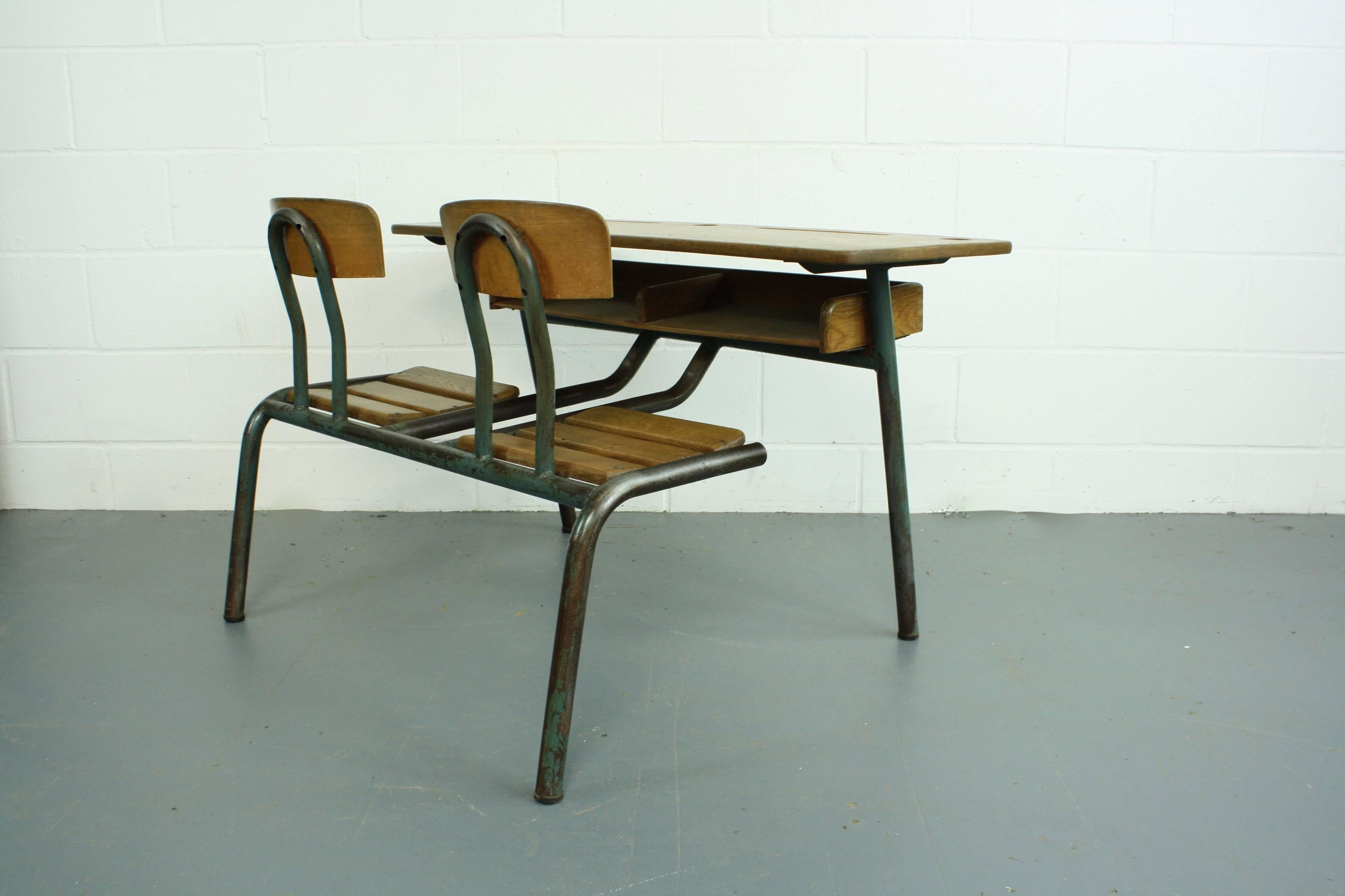 Metal Vintage Early to Mid-20th Century French Child's Double Desk and Chair Set For Sale