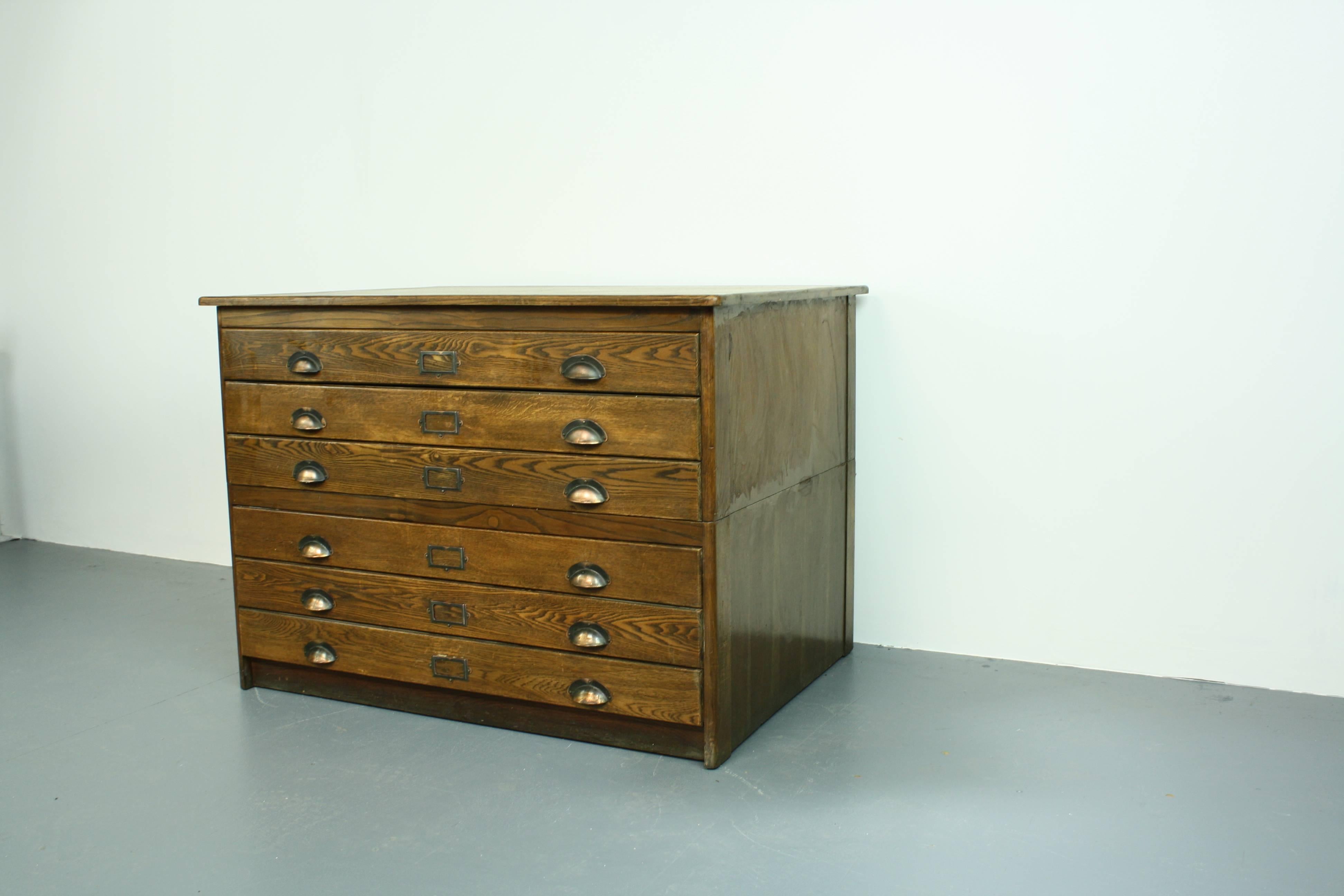20th Century 1930s Wooden Plan Chest Architect Drawers with Brass Handles
