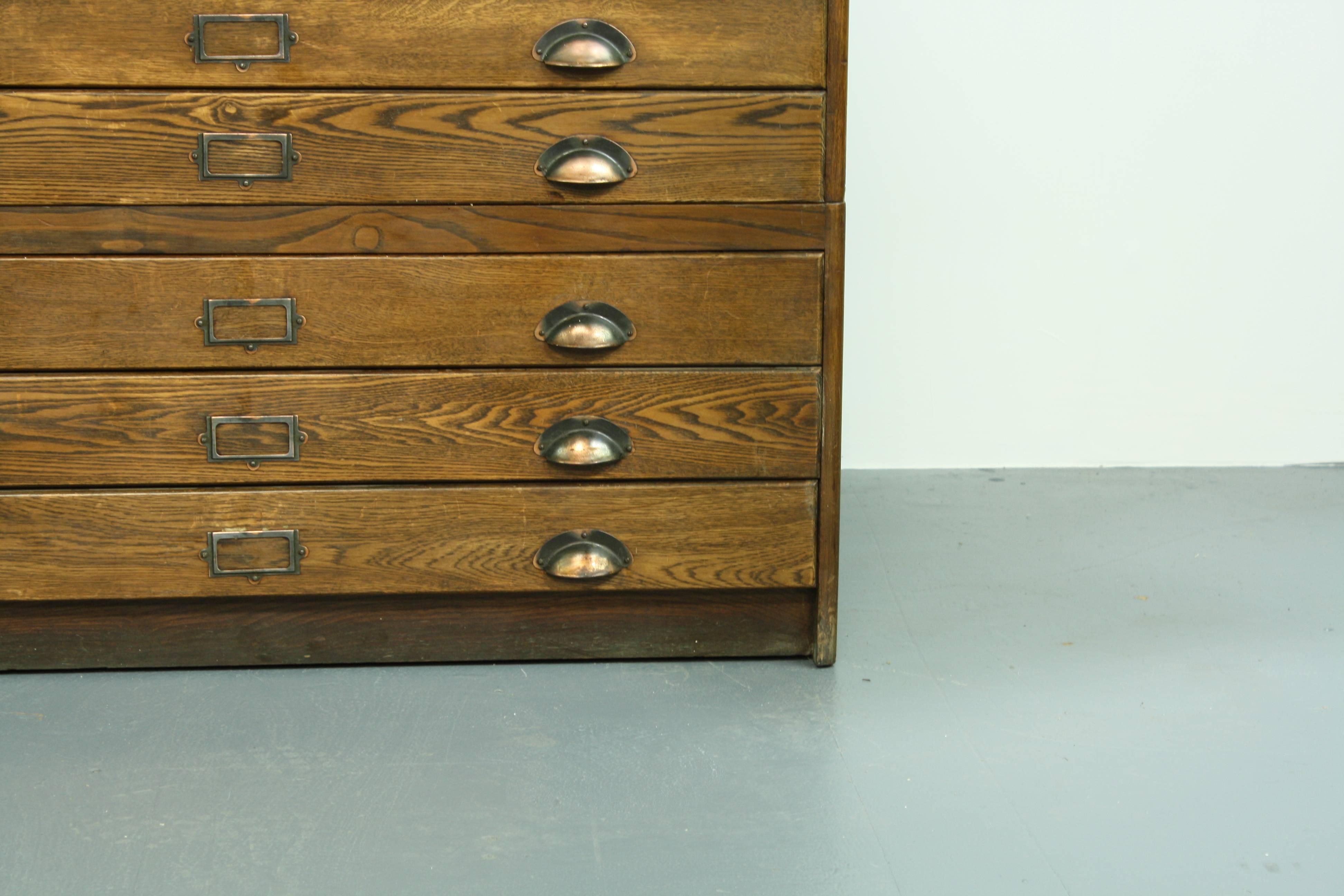 British 1930s Wooden Plan Chest Architect Drawers with Brass Handles