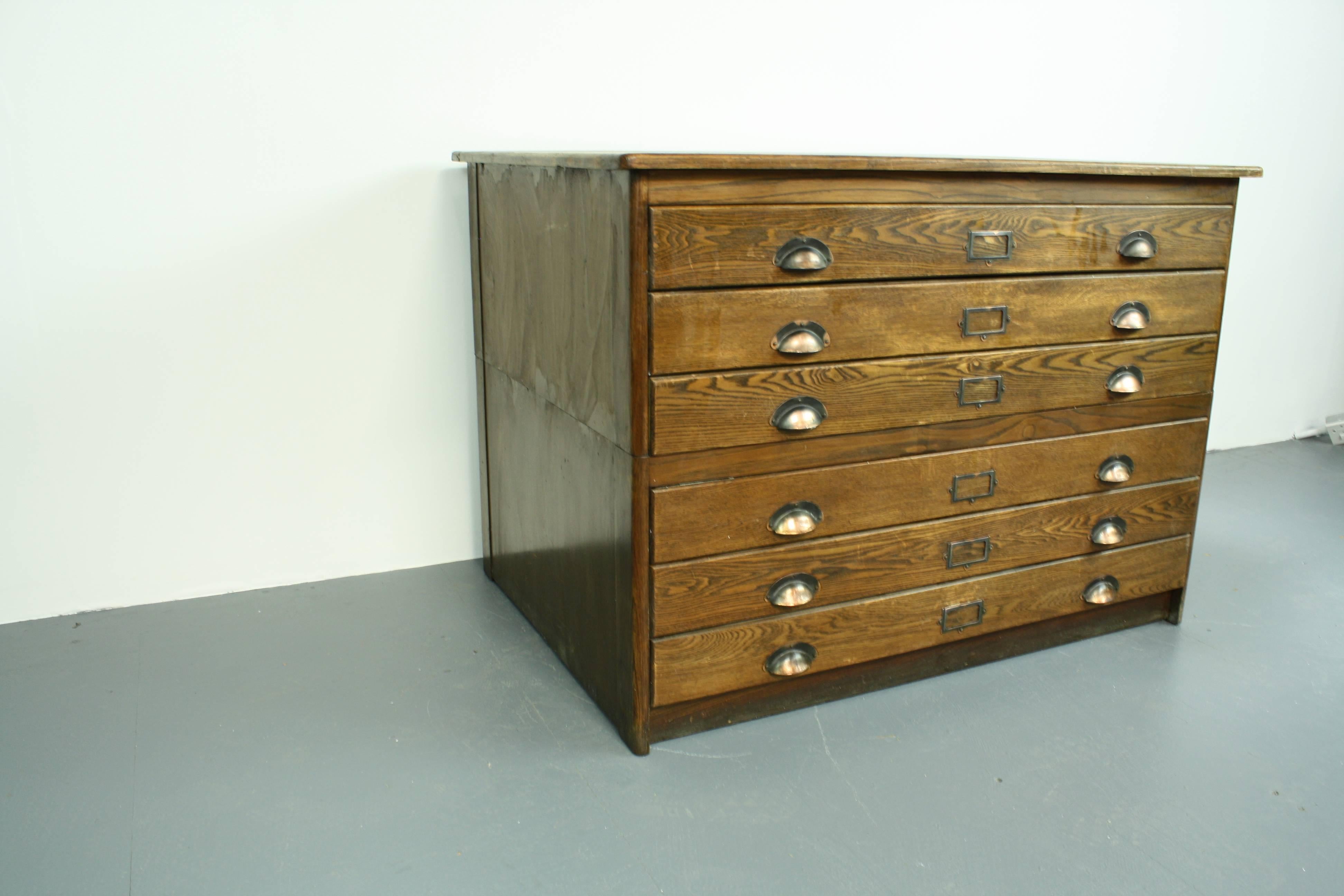 1930s Wooden Plan Chest Architect Drawers with Brass Handles In Good Condition In Lewes, East Sussex