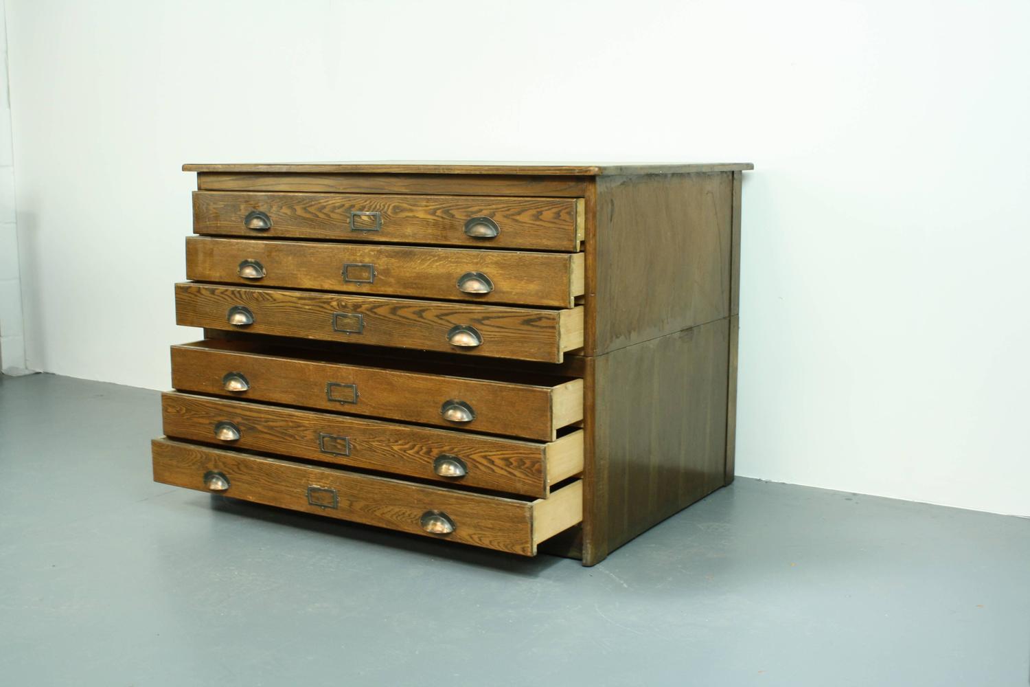 1930s Wooden Plan Chest Architect Drawers with Brass Handles For Sale