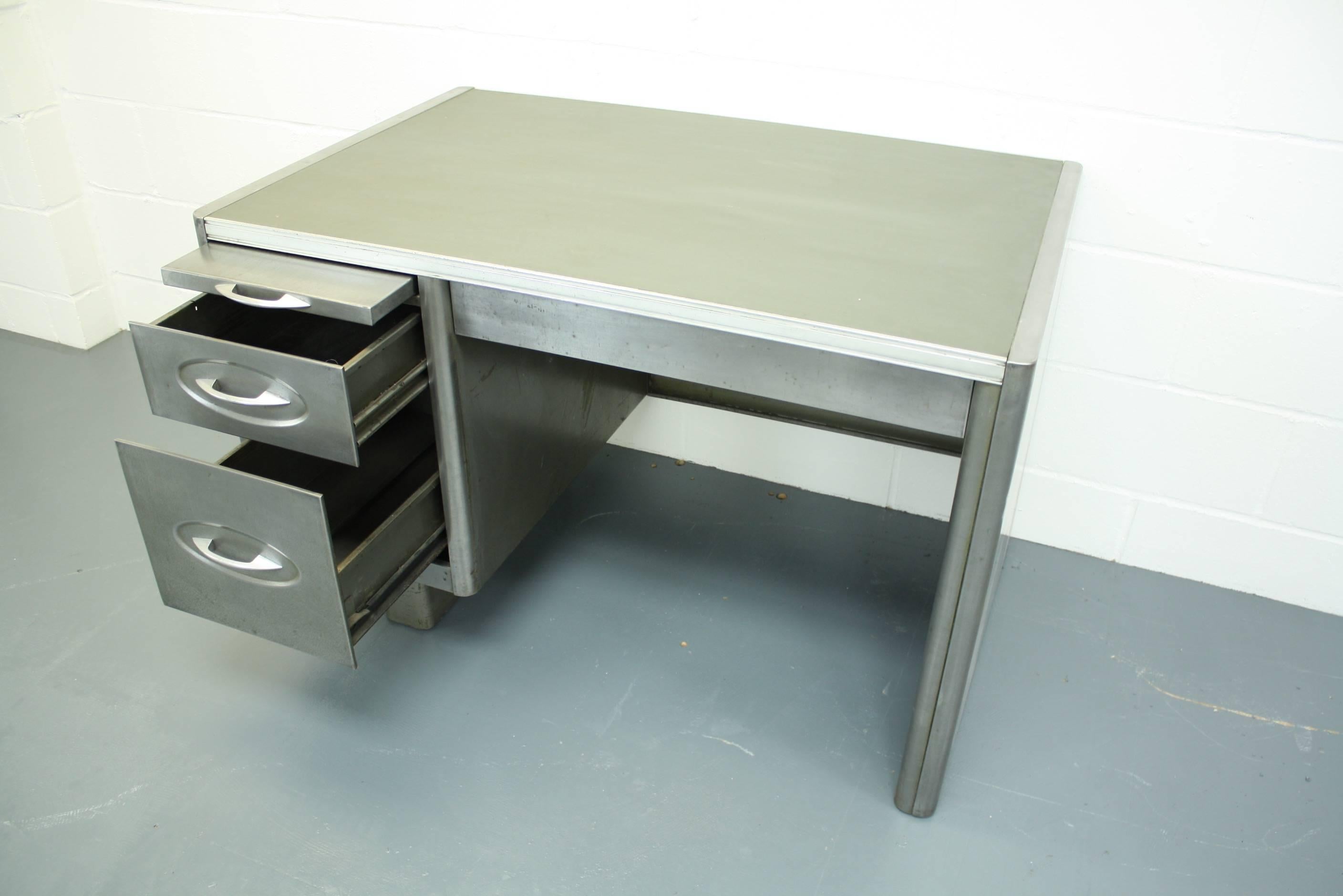 Vintage Industrial 1950s Polished Steel Desk In Good Condition For Sale In Lewes, East Sussex