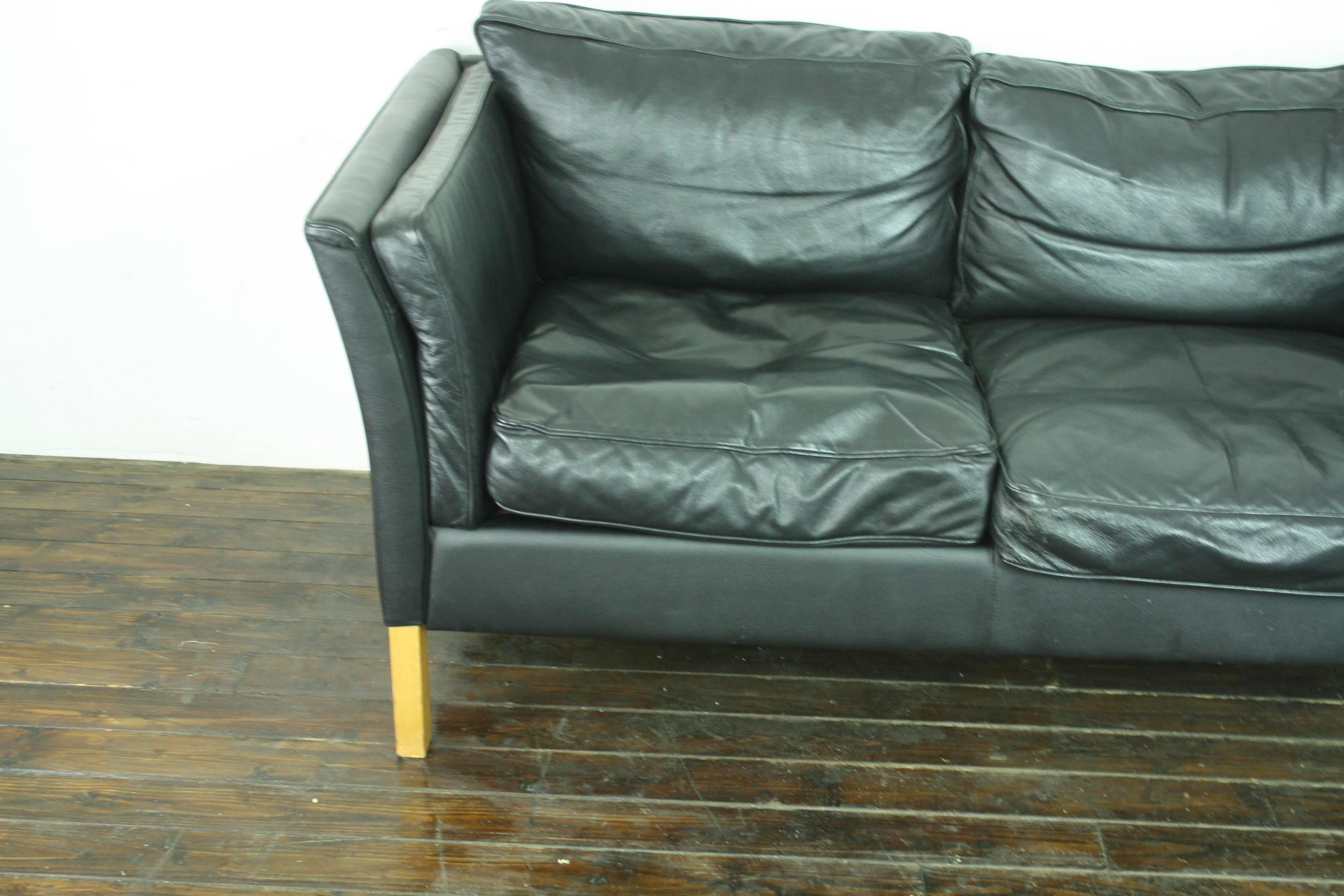 Danish Vintage Mogensen Style Two-Seat Black Leather Sofa For Sale