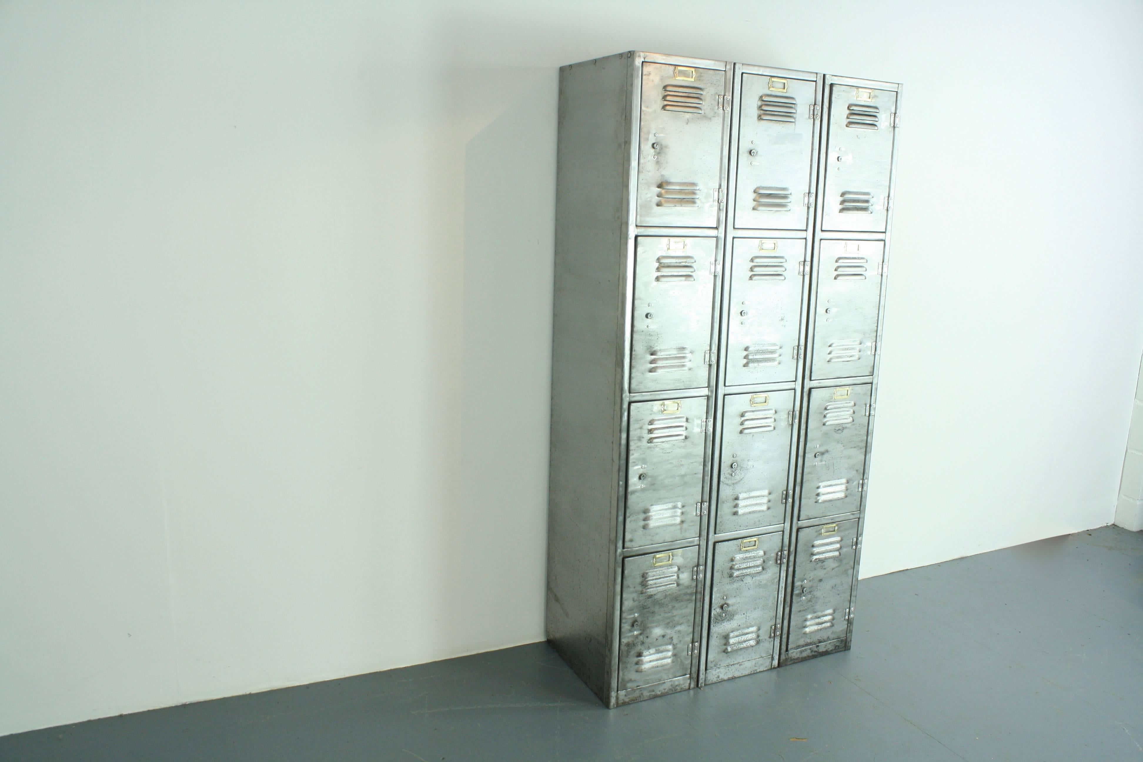 British Vintage Industrial 12 Compartment Stripped and Polished Steel School Locker