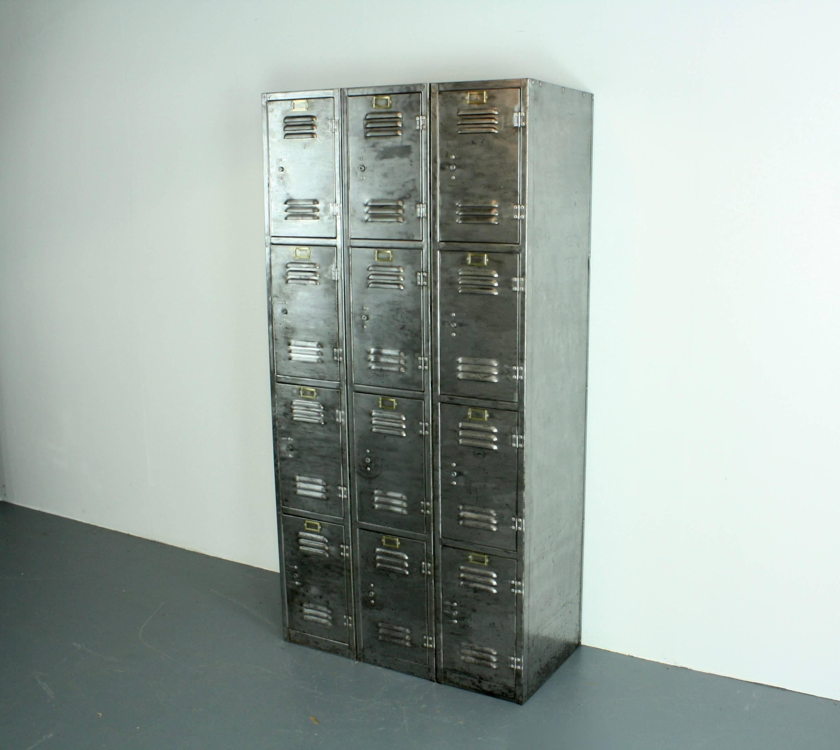 Vintage Industrial 12 Compartment Stripped and Polished Steel School Locker In Good Condition In Lewes, East Sussex
