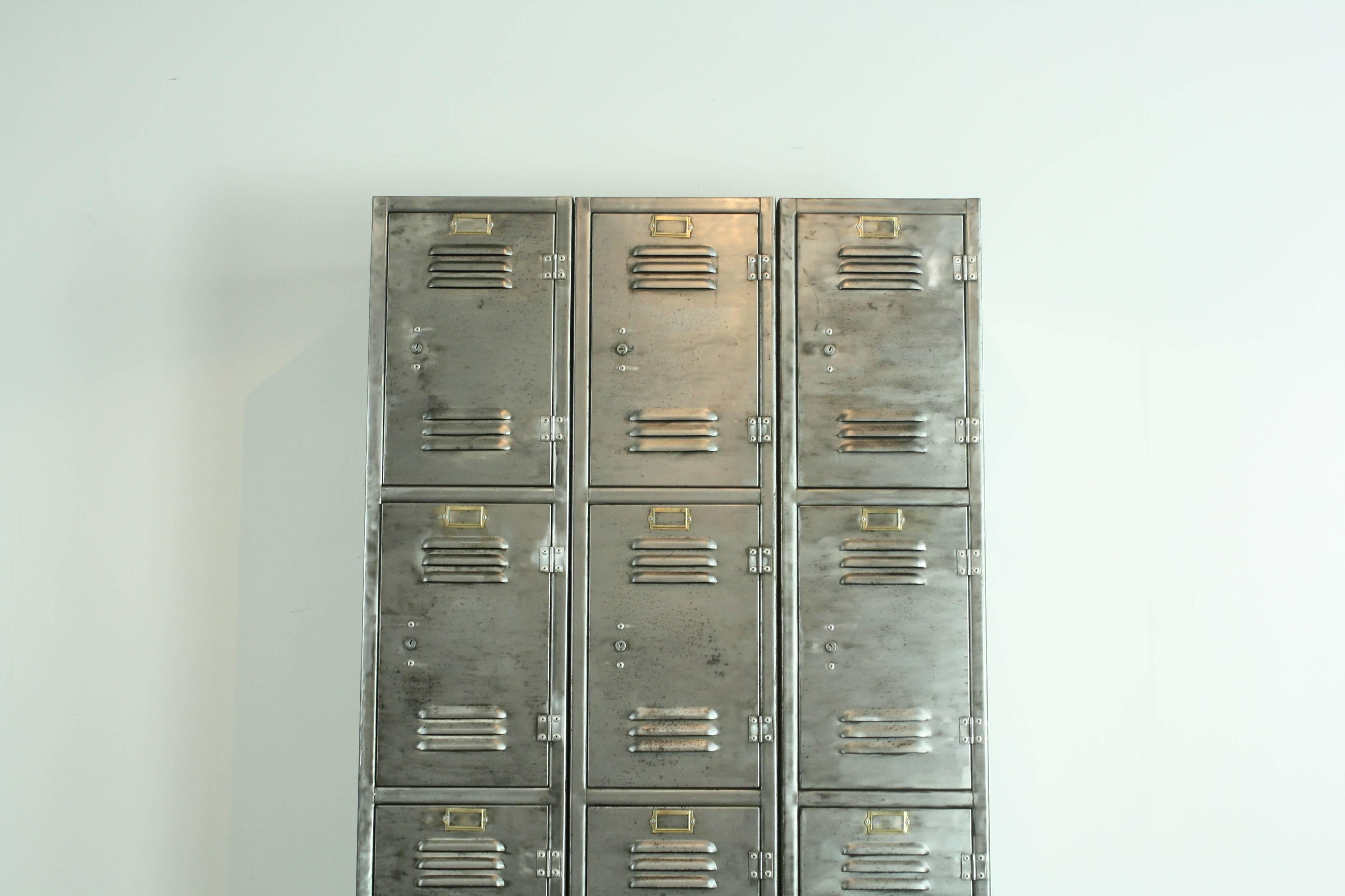 20th Century Vintage Industrial 12 Compartment Stripped and Polished Steel School Locker
