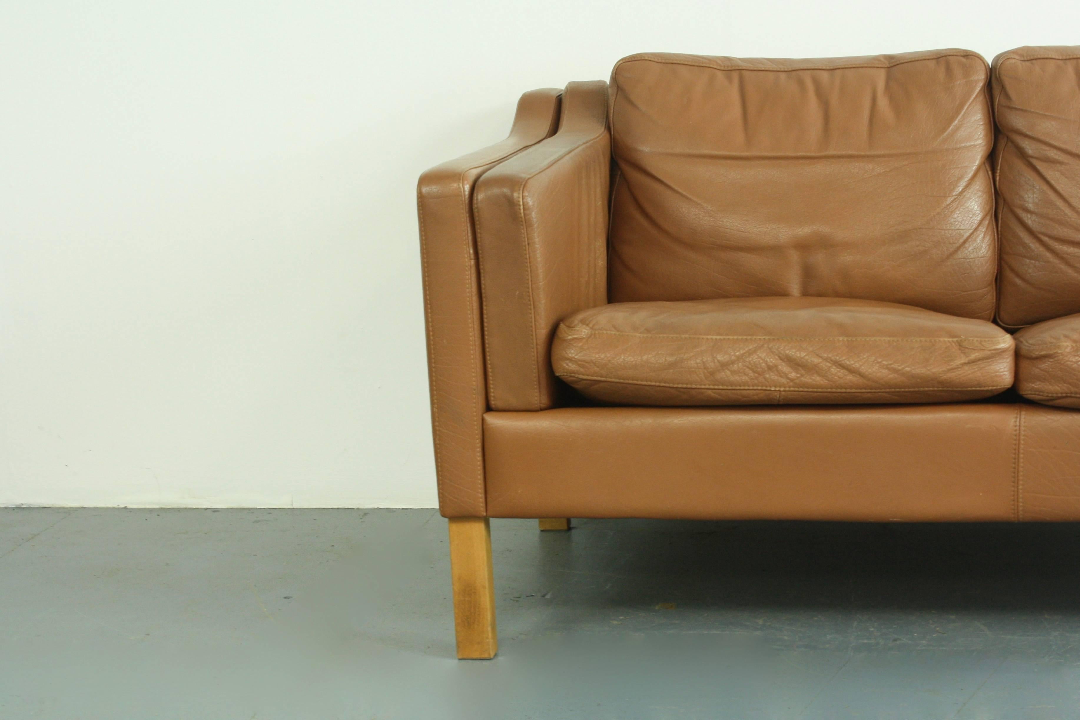 Danish 1970s Mid Brown Leather Mogensen Style Two-Seat Sofa