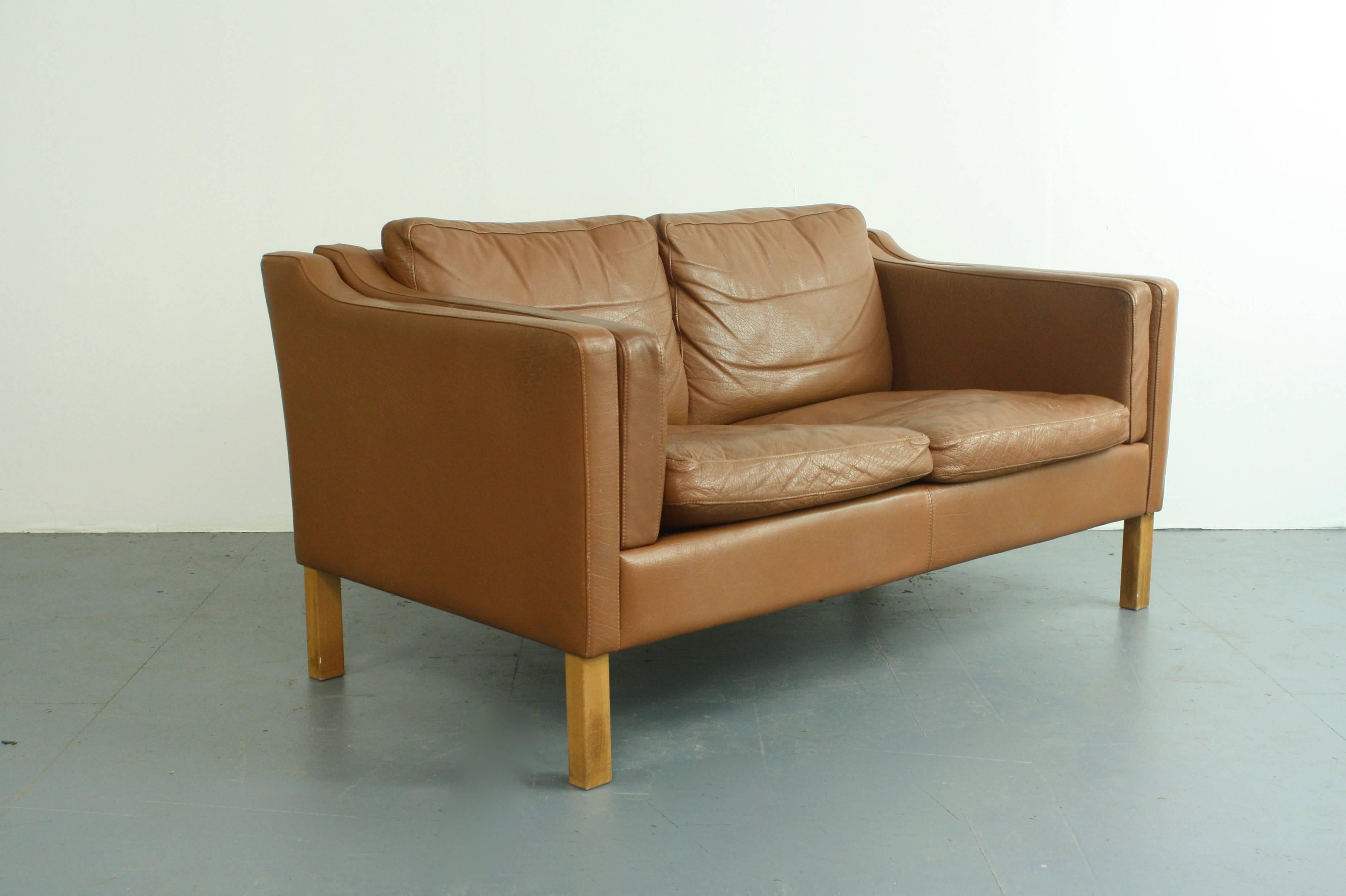 20th Century 1970s Mid Brown Leather Mogensen Style Two-Seat Sofa