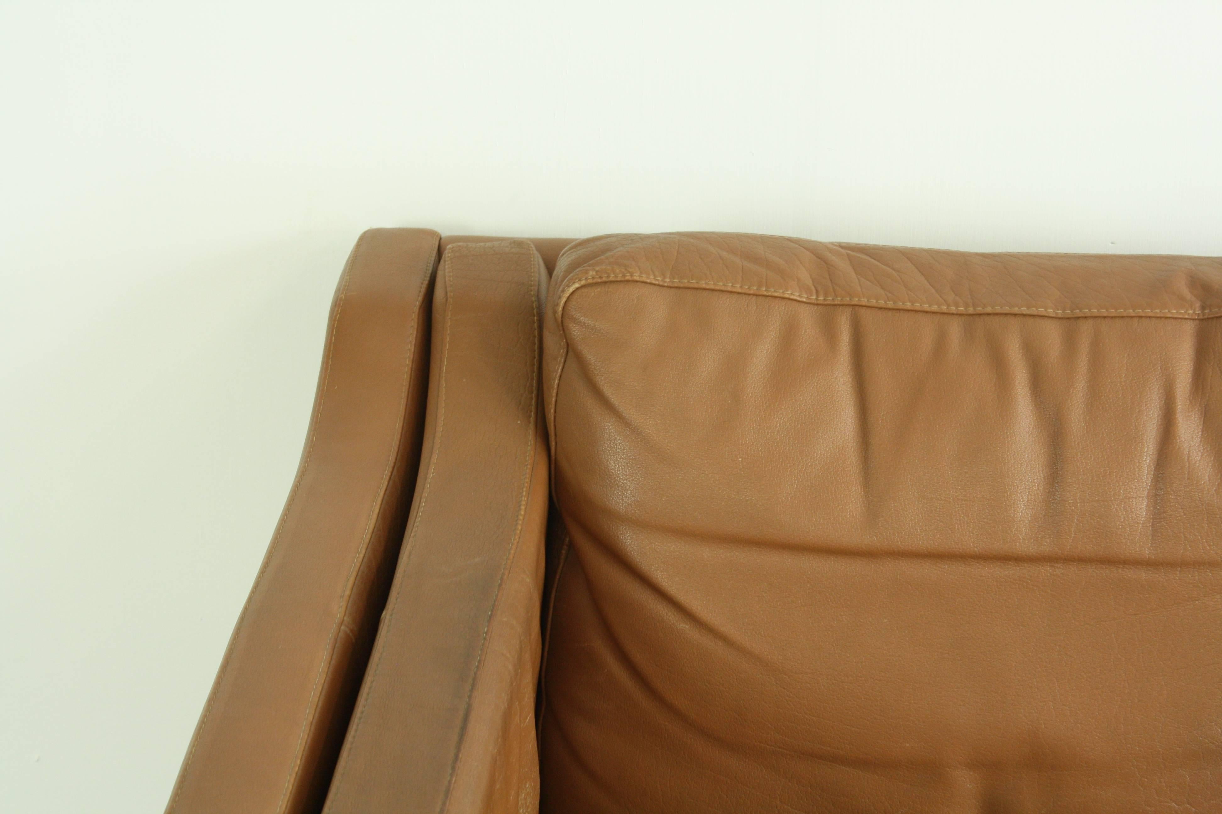 1970s Mid Brown Leather Mogensen Style Two-Seat Sofa 1