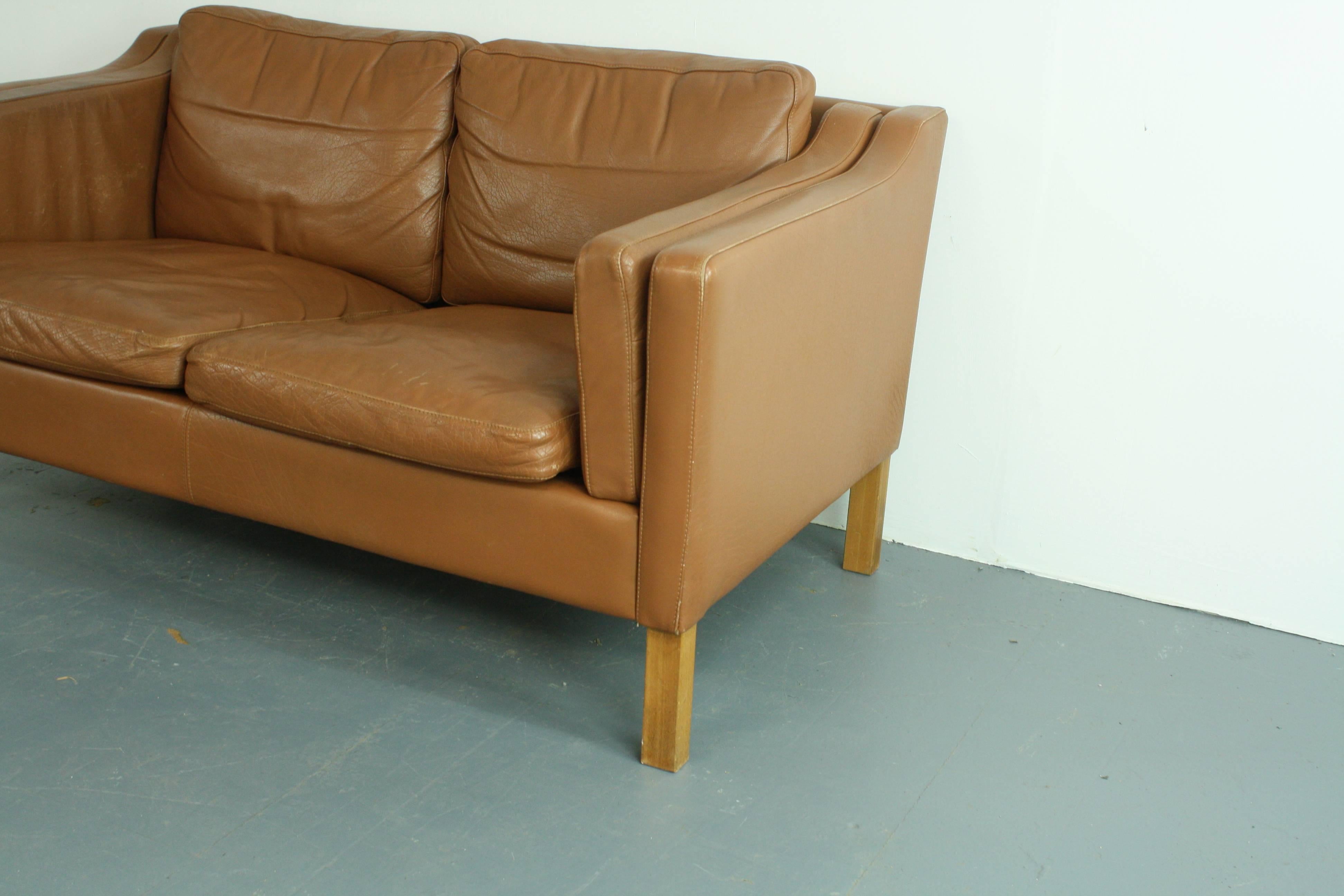 1970s Mid Brown Leather Mogensen Style Two-Seat Sofa 2