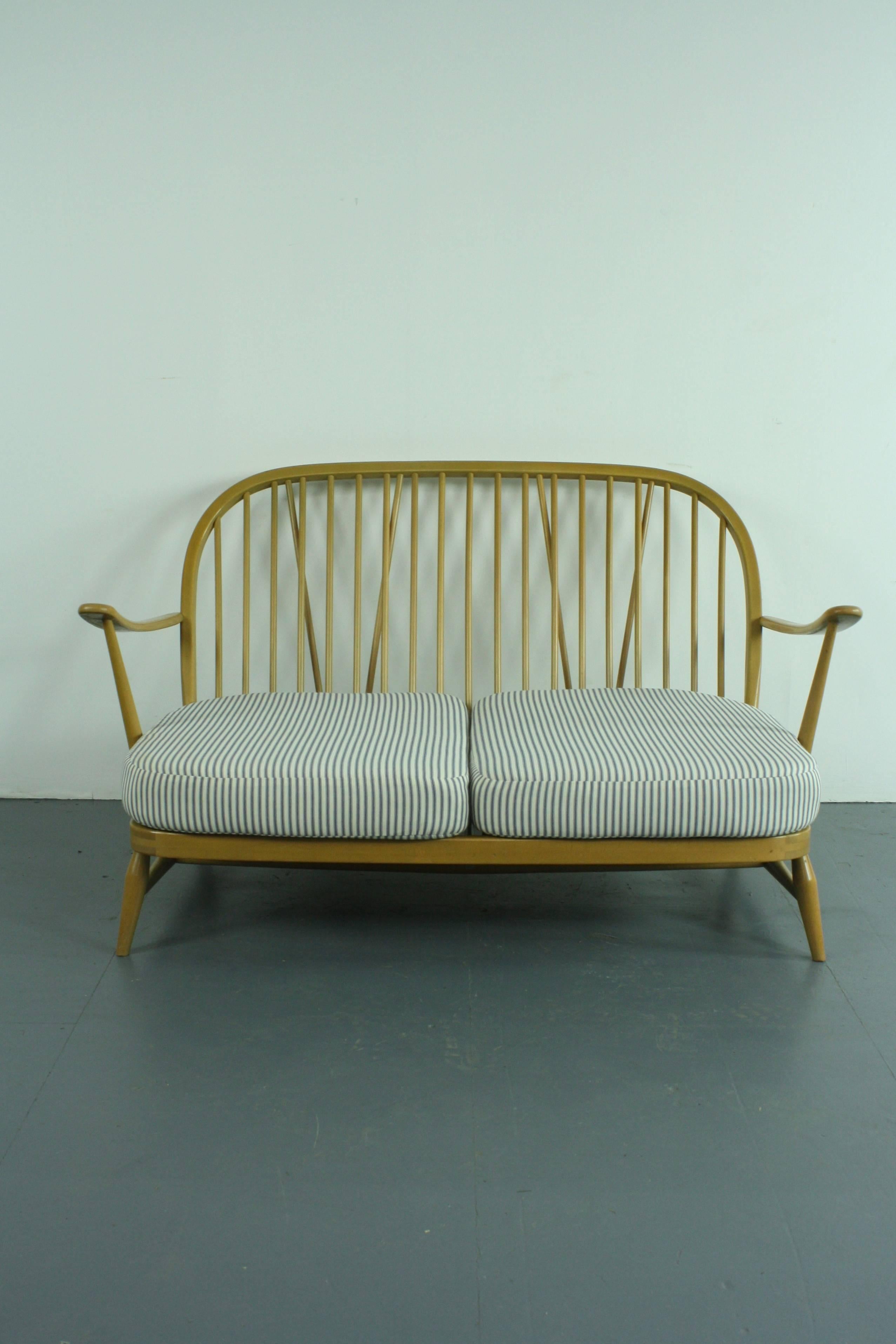 English Refurbished Vintage Ercol Windsor Two-Seat Sofa Upholstered in French Ticking For Sale