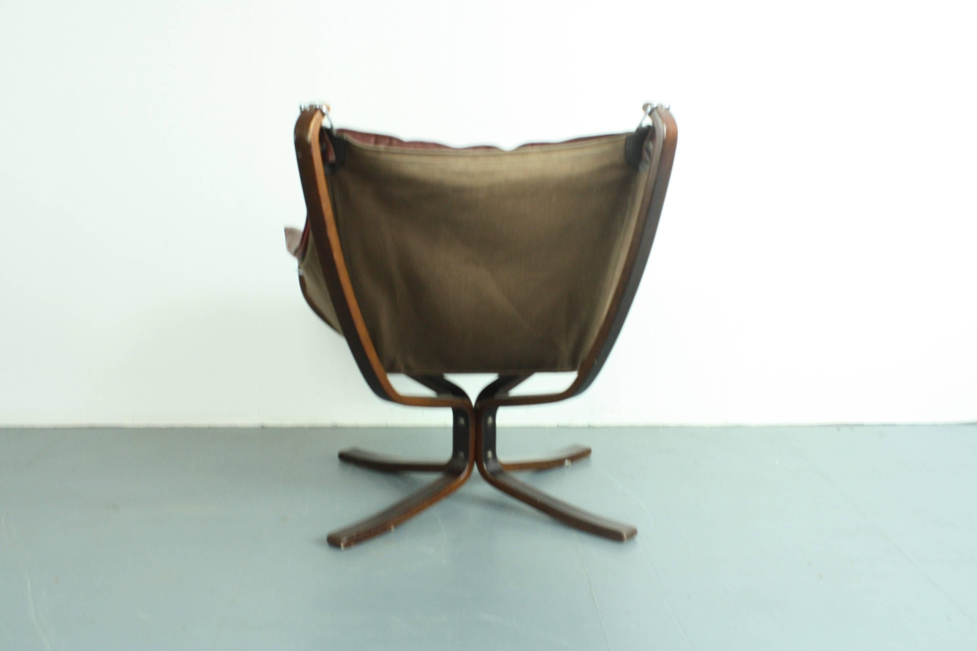 Low Back Winged Chestnut Brown Leather Falcon Chair Designed by Sigurd Resell For Sale 1