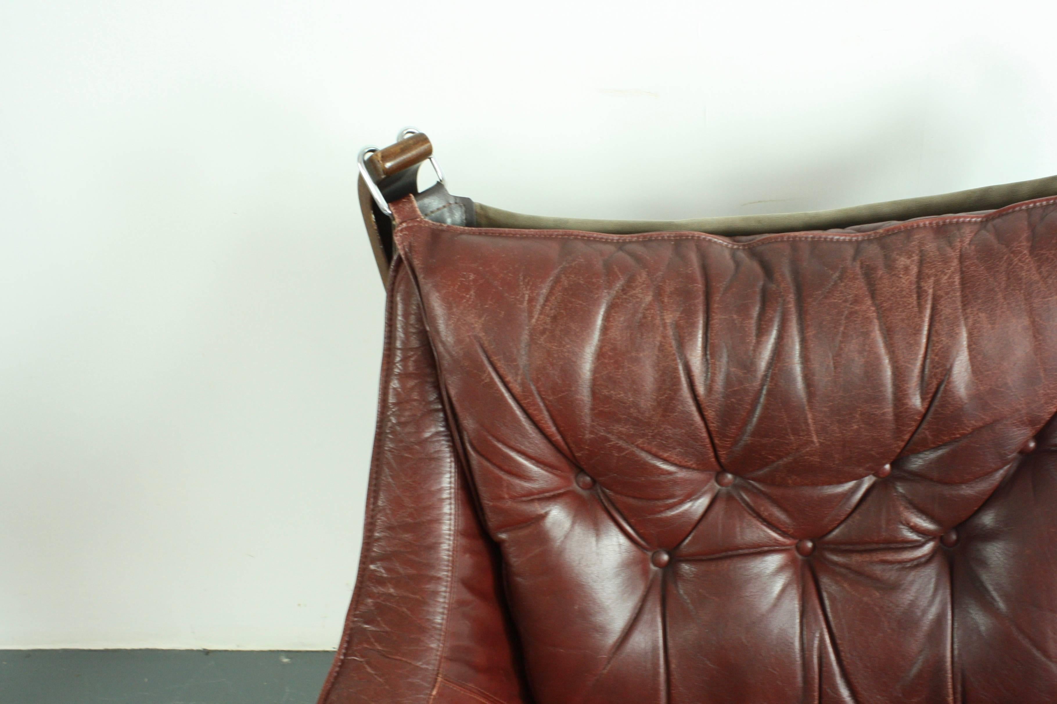 Low Back Winged Chestnut Brown Leather Falcon Chair Designed by Sigurd Resell For Sale 2