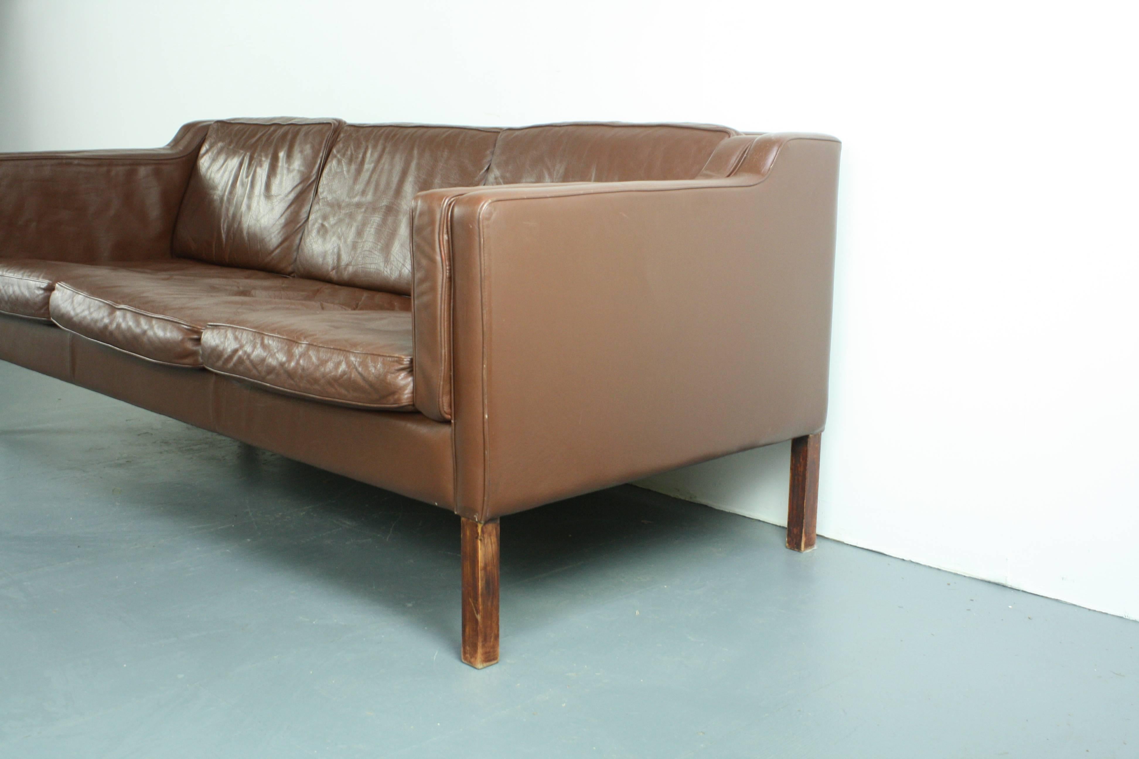 Dark Brown Leather Mogensen Style Vintage 1970s Three-Seat Danish Sofa For Sale 3