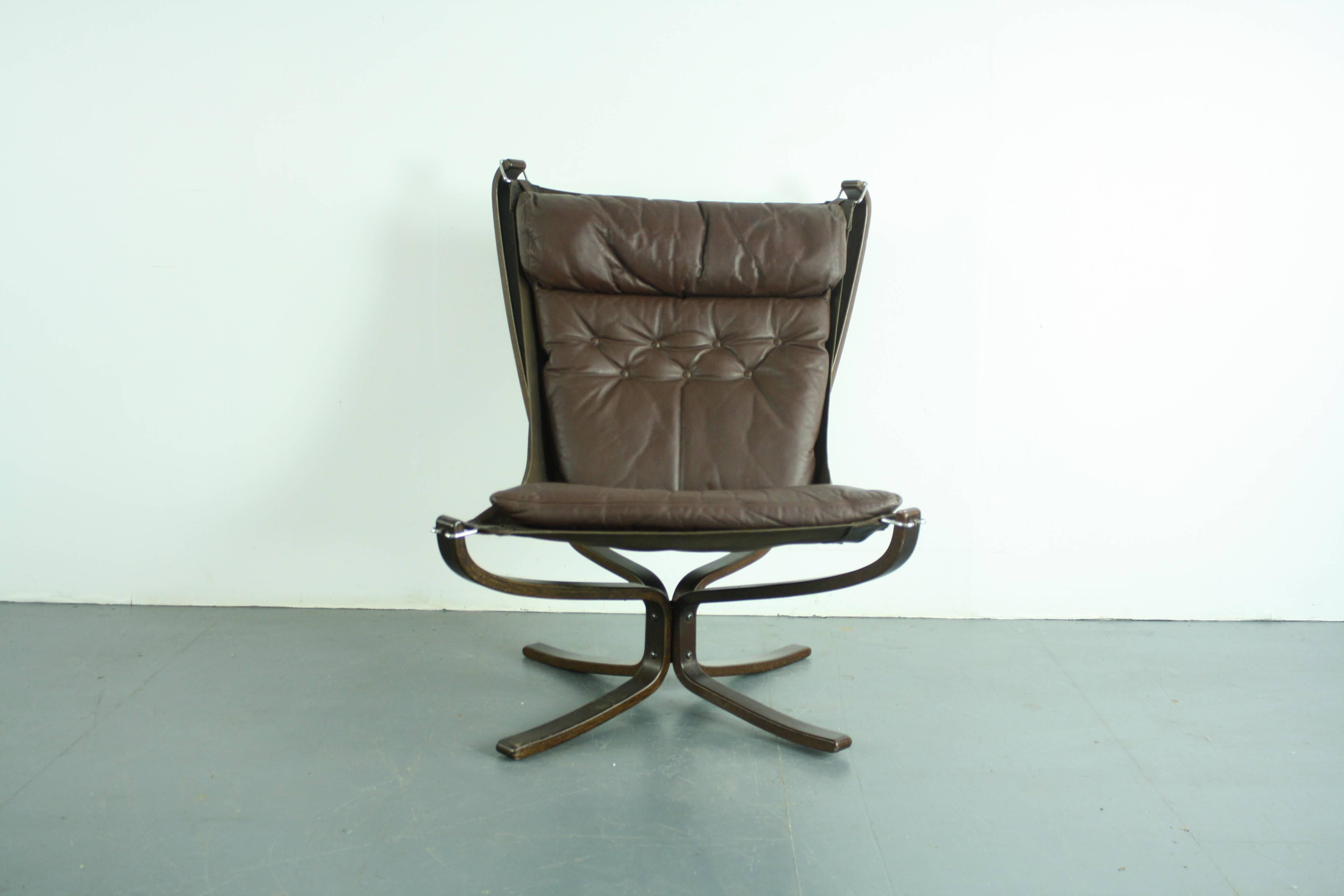 Norwegian Vintage 1970s High Back Brown Leather Falcon Chair Designed by Sigurd Resell
