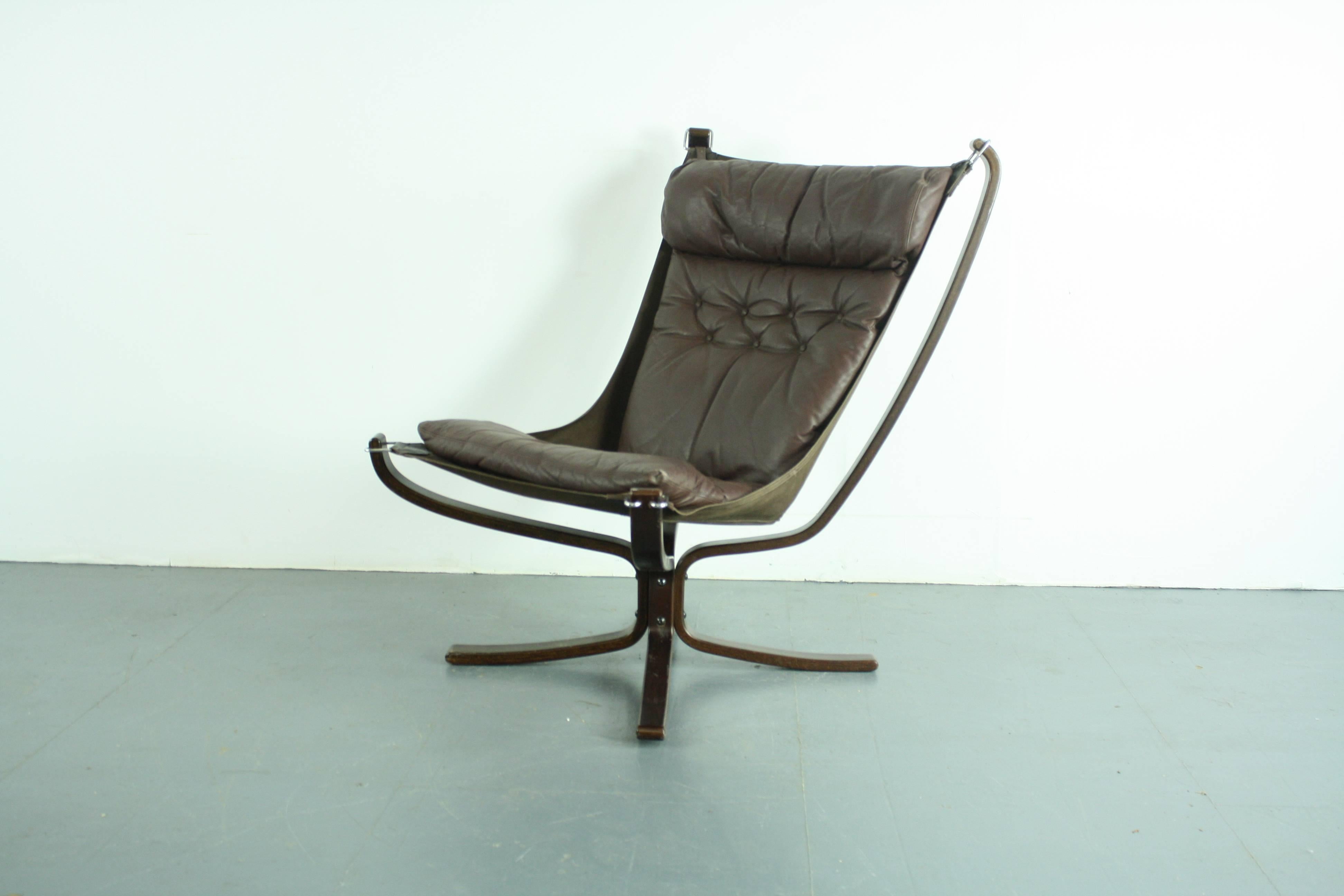 20th Century Vintage 1970s High Back Brown Leather Falcon Chair Designed by Sigurd Resell
