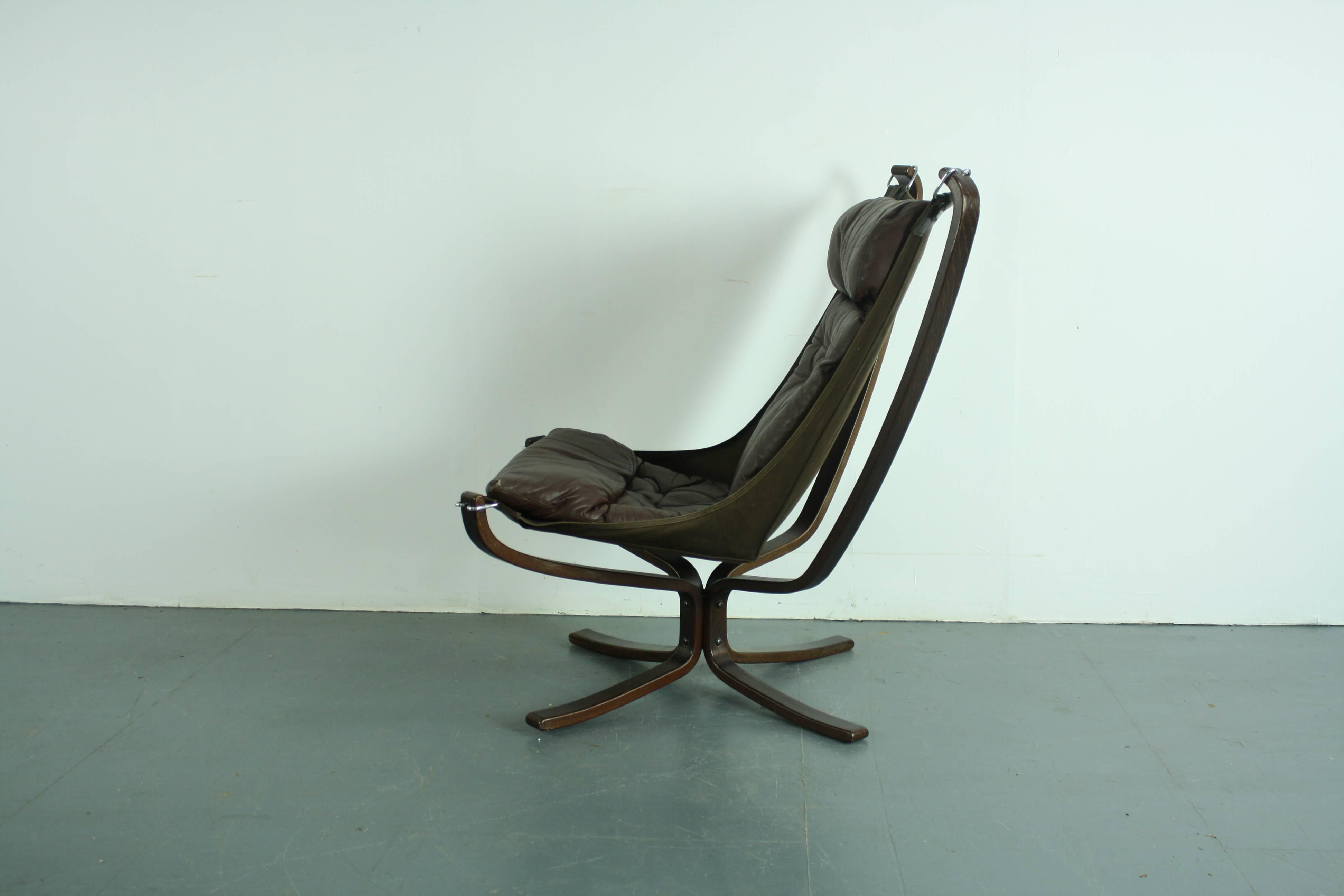 Vintage 1970s High Back Brown Leather Falcon Chair Designed by Sigurd Resell 1