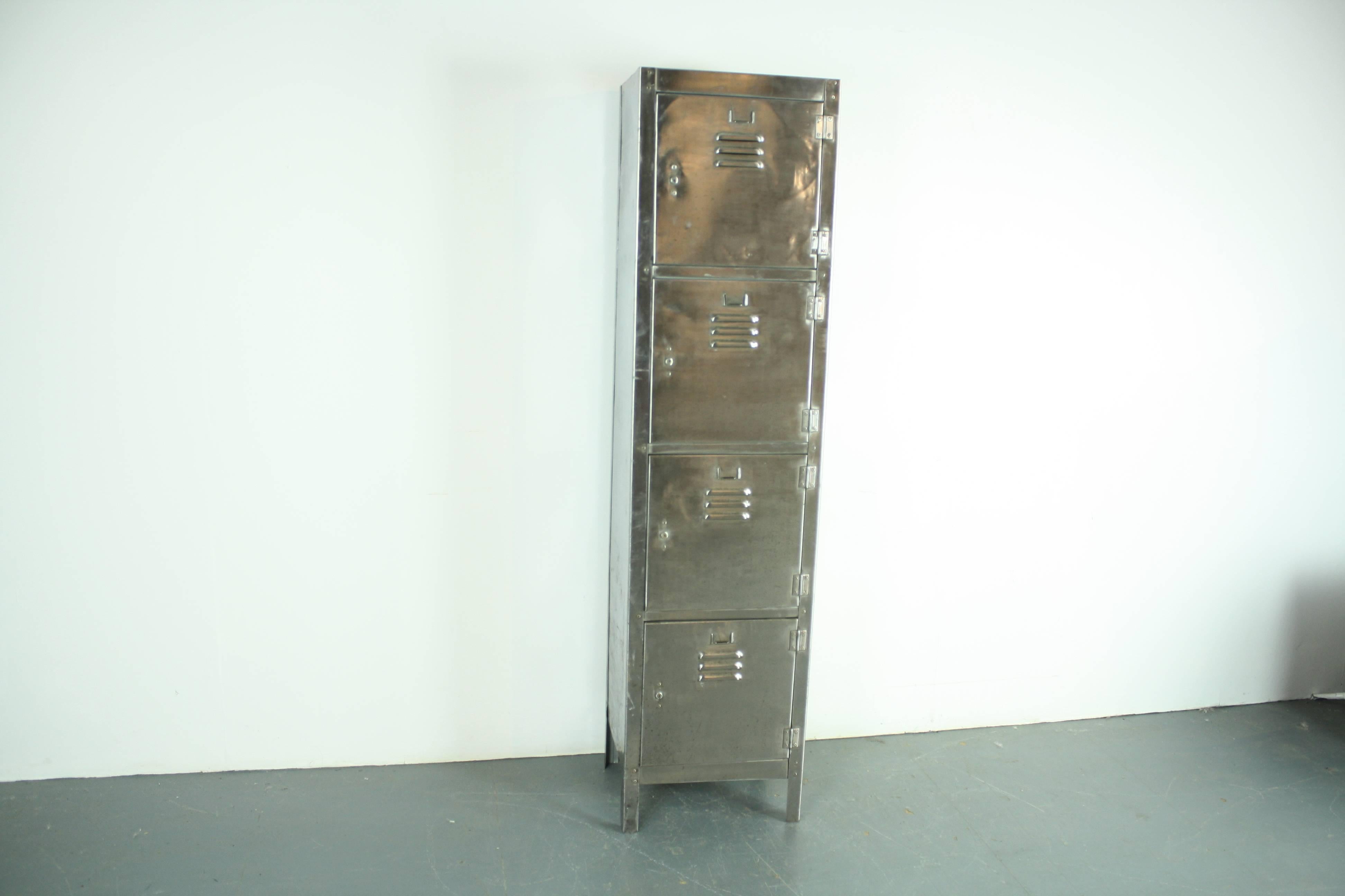 Steel Vintage Industrial Four Compartment Stripped and Polished School Locker