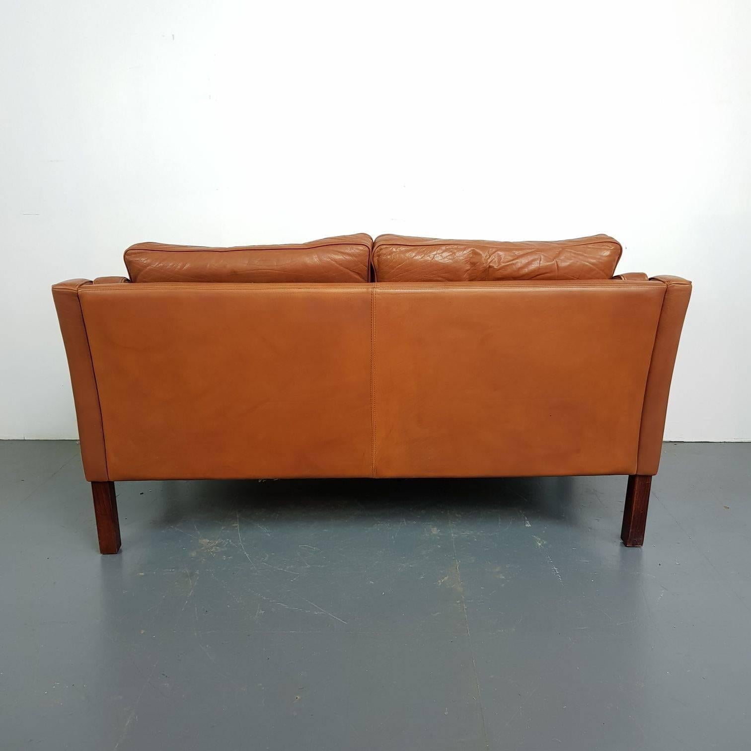 Danish 1970s Tan Brown Leather Mogensen Style Two-Seat Sofa For Sale