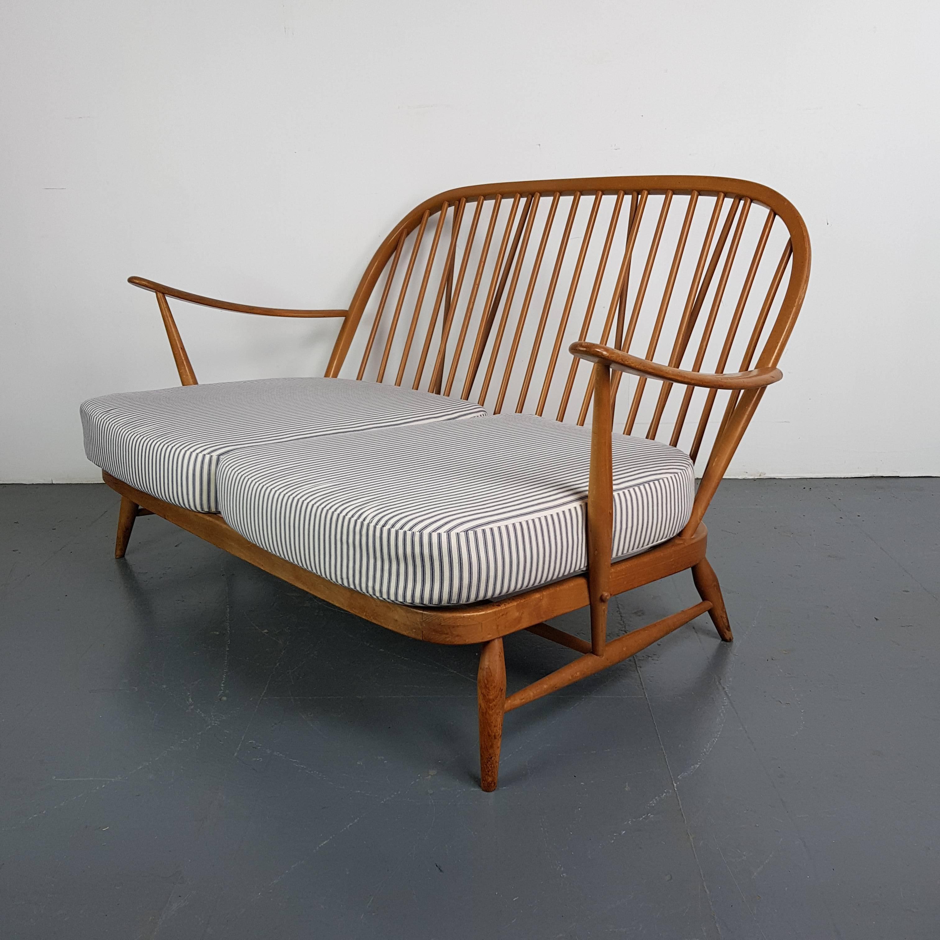 Refurbished Vintage Ercol Windsor Two-Seat Sofa Upholstered in French Ticking In Good Condition In Lewes, East Sussex