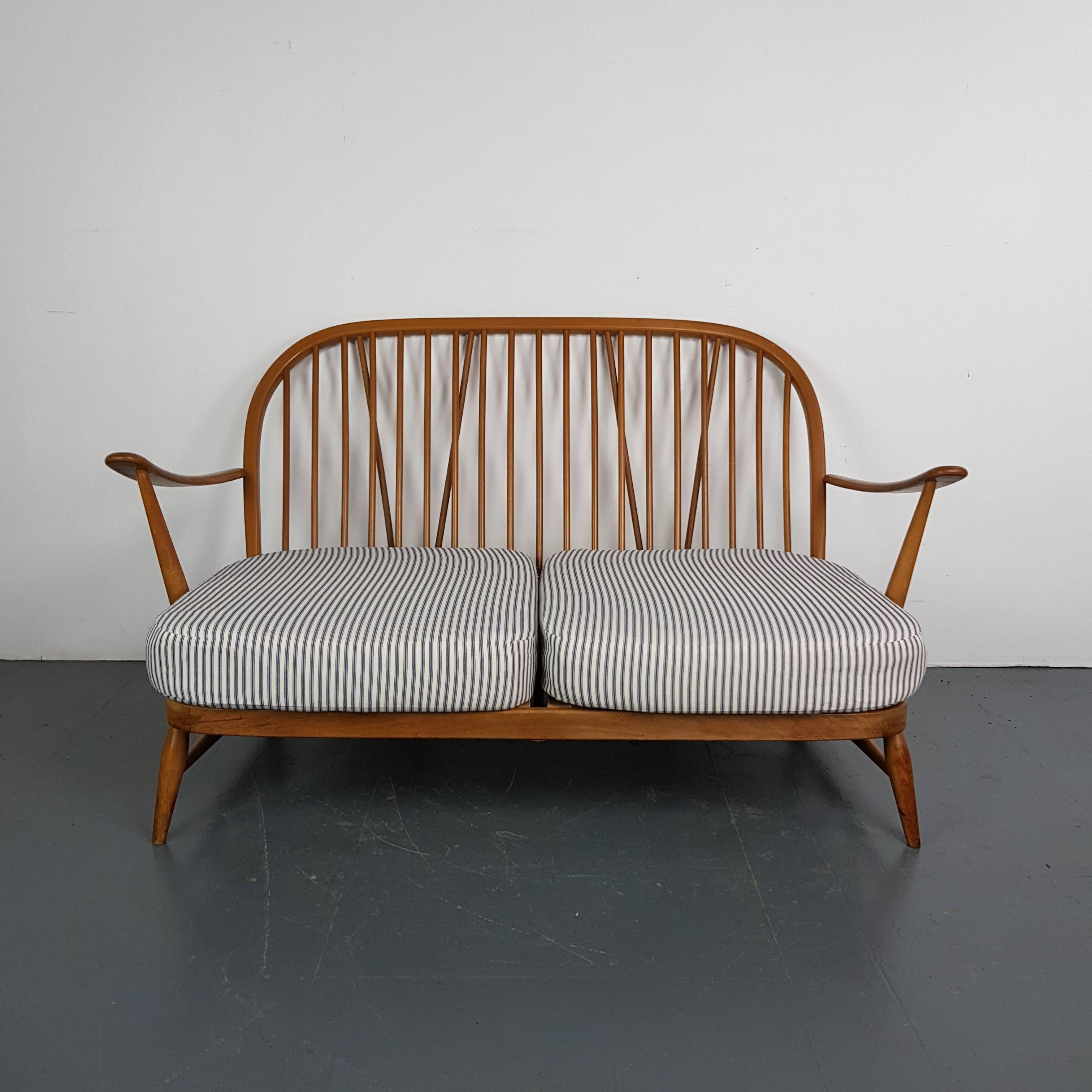 English Refurbished Vintage Ercol Windsor Two-Seat Sofa Upholstered in French Ticking