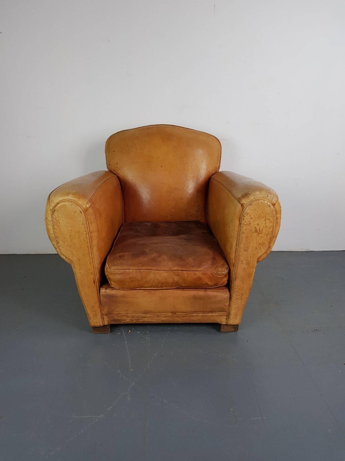 Vintage French Leather Club Chair In Fair Condition For Sale In Lewes, East Sussex