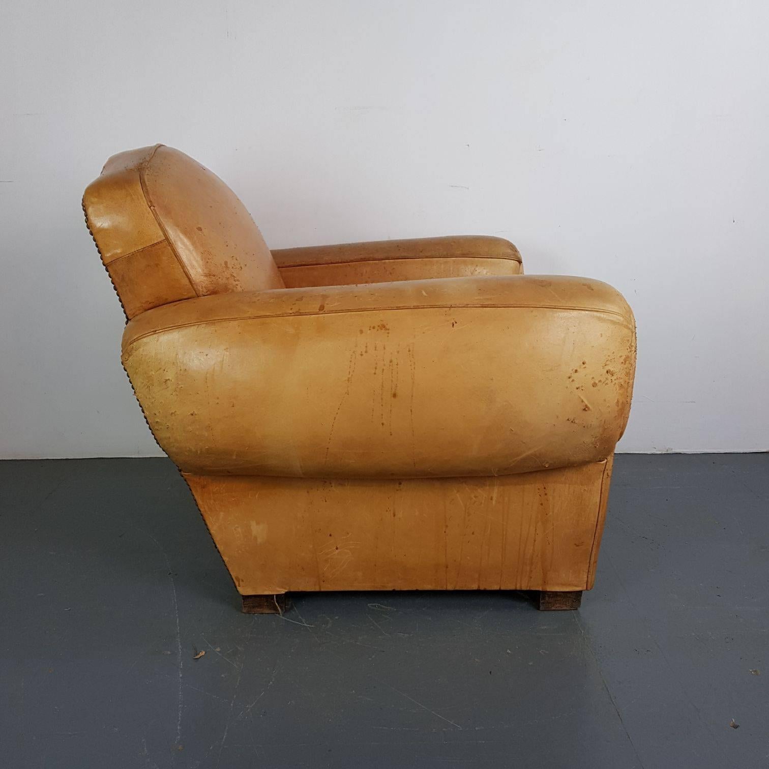 Gorgeous French, 1920s moustache backed leather club chair.

Very comfortable with spring loaded base.

Approximate dimensions:

Height 85 cm

Width 92 cm

Depth 100 cm

Seat height 35 cm

In good vintage condition.  It has had a