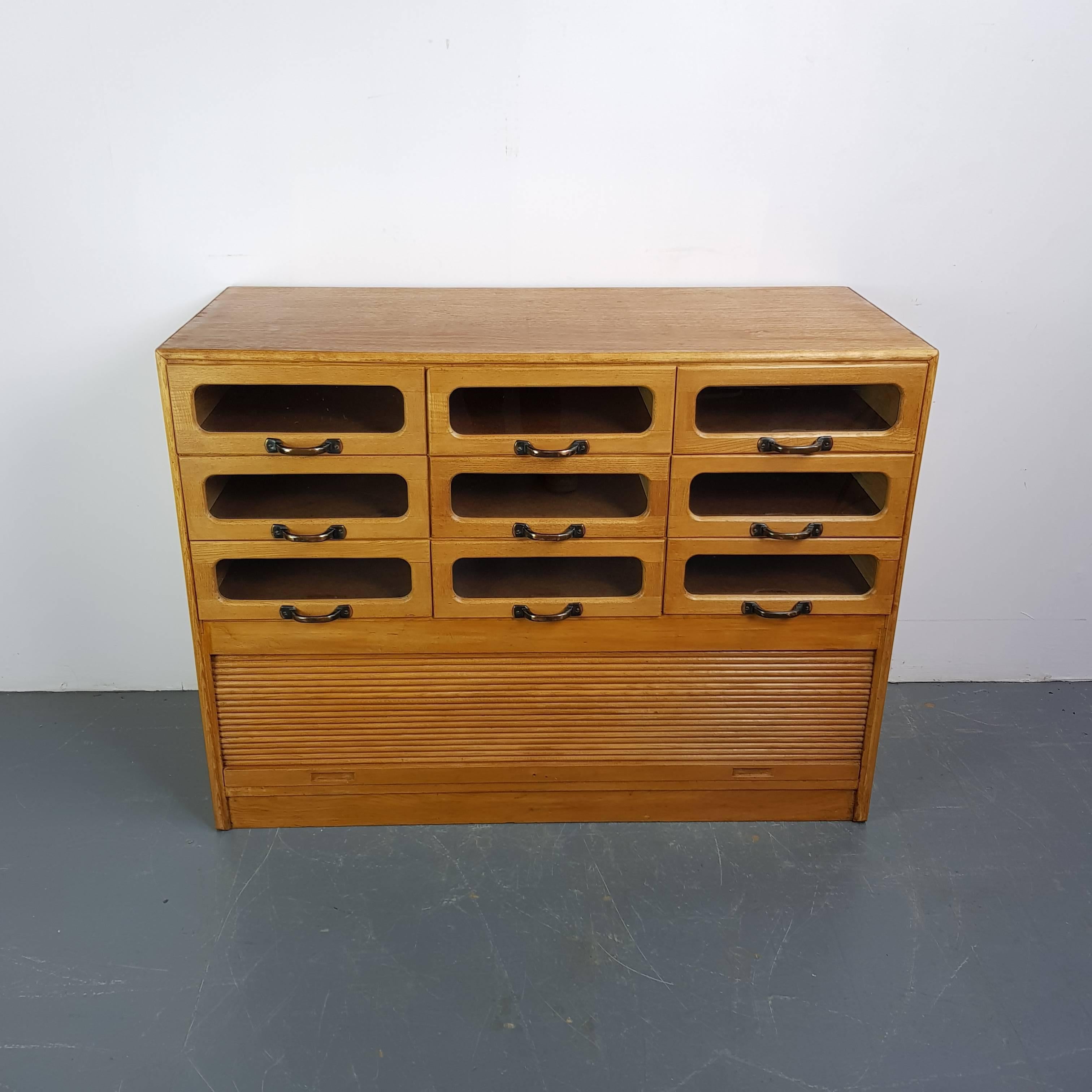 British Vintage Early 20th Century Oak Nine-Drawer Haberdashery Cabinet For Sale