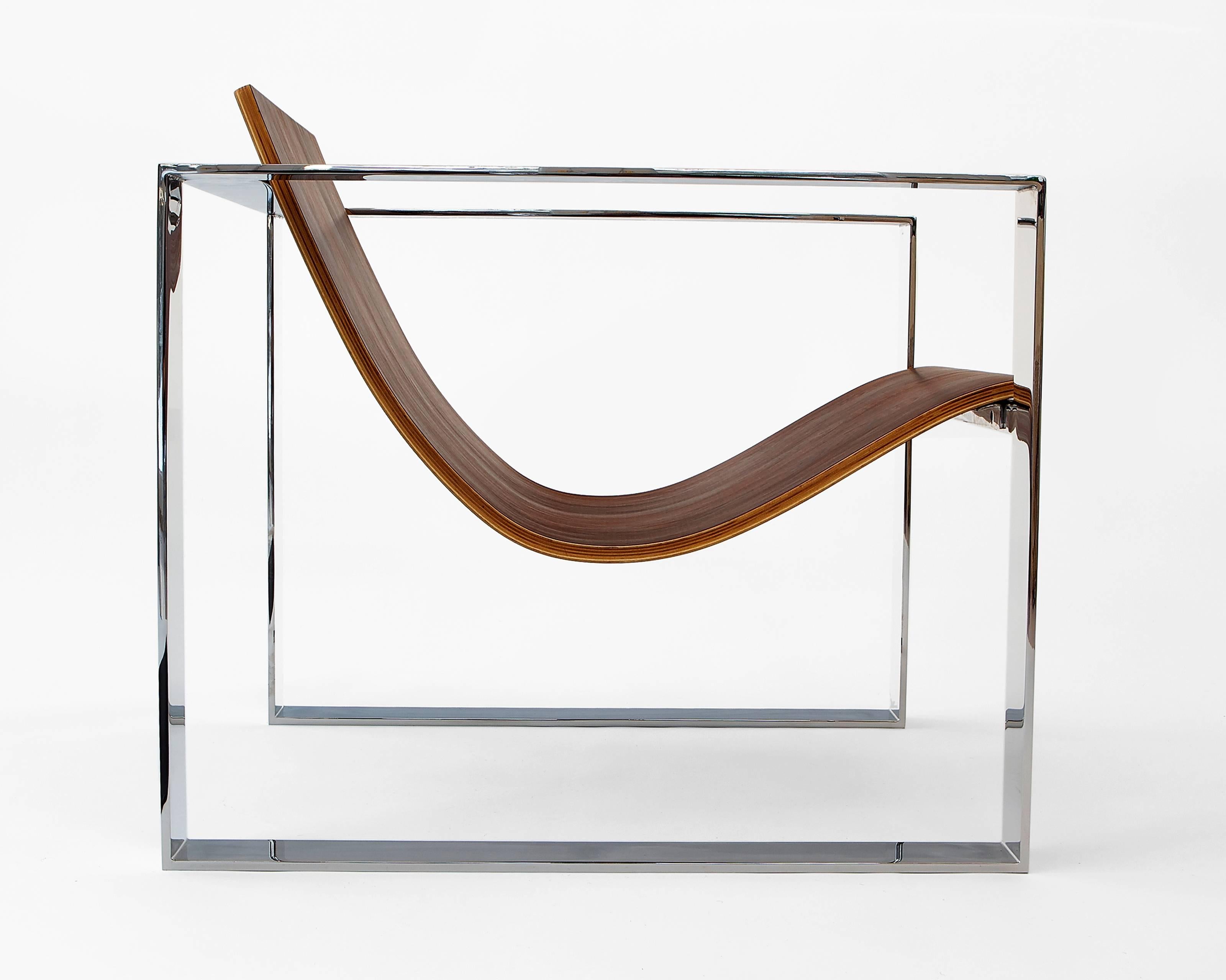 Modern Slyde Lounge Chair in Polished Stainless Steel and Brazilian Rosewood For Sale