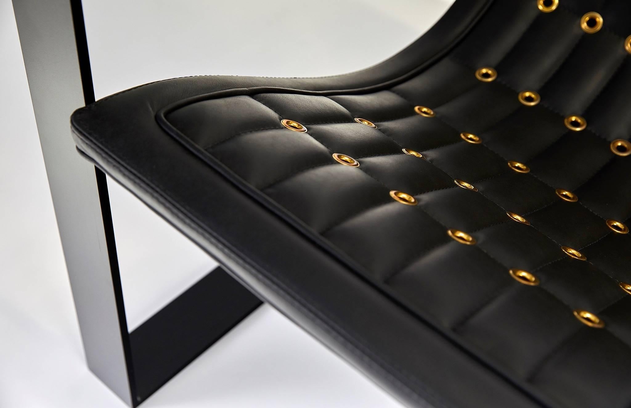 GT Lounge Chair in Matte Black with Black Royale Leather and Gold Trim For Sale 1