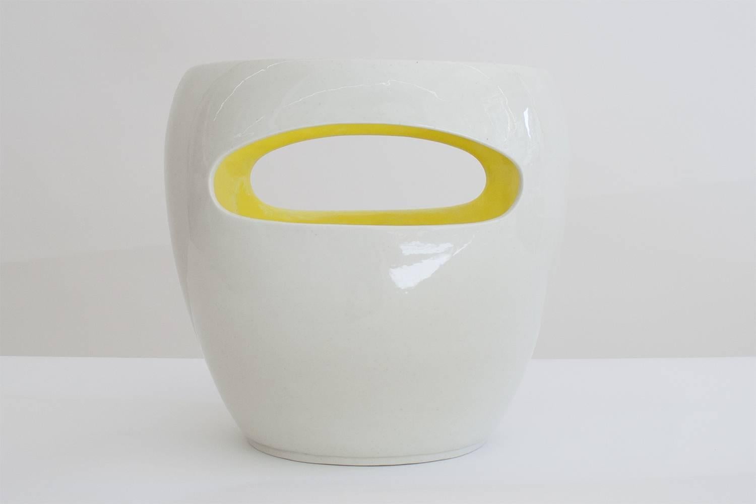Contemporary Schwyz, Porcelain Vase with Bright Yellow Enameled Interior by Philippe Cramer For Sale