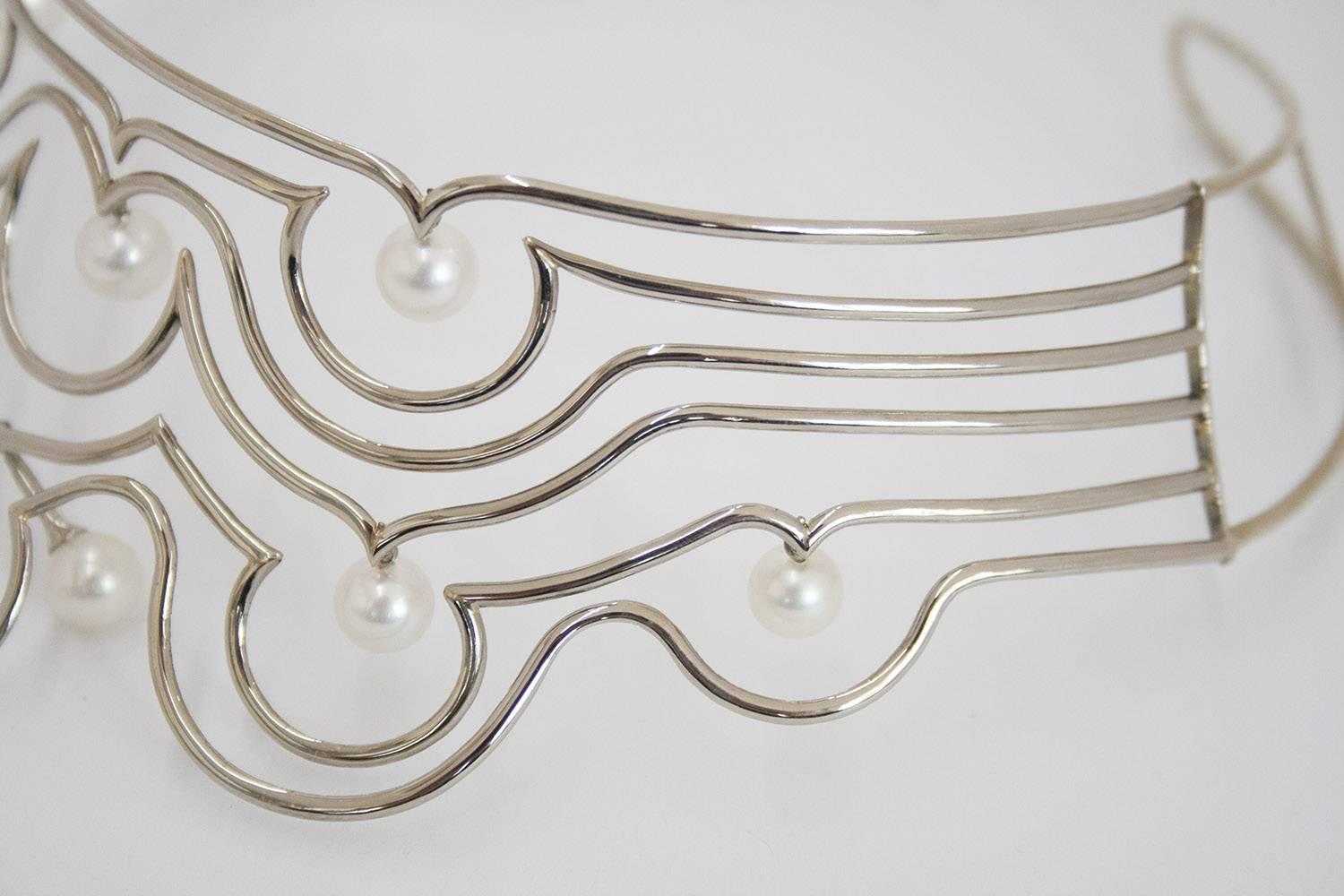 White Gold Pearls Choker Philippe Cramer In Good Condition For Sale In Geneva, CH
