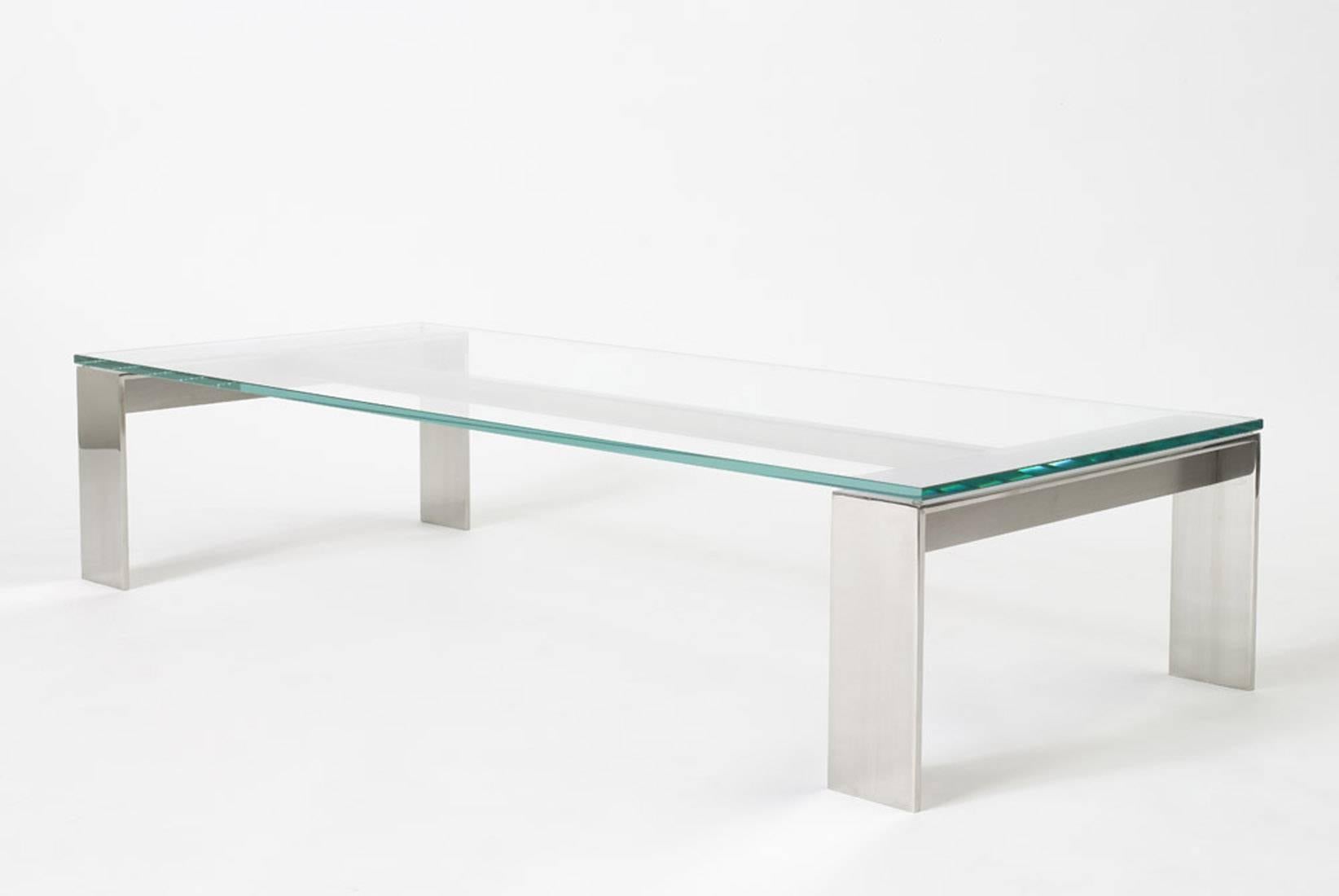 American Bridge Coffee Table Stainless Steel, Mirror Polished Finish with Clear Glass For Sale
