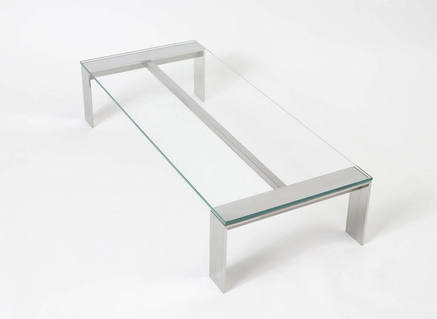 Bridge Coffee Table Stainless Steel, Mirror Polished Finish with Clear Glass In Excellent Condition For Sale In Brooklyn, NY