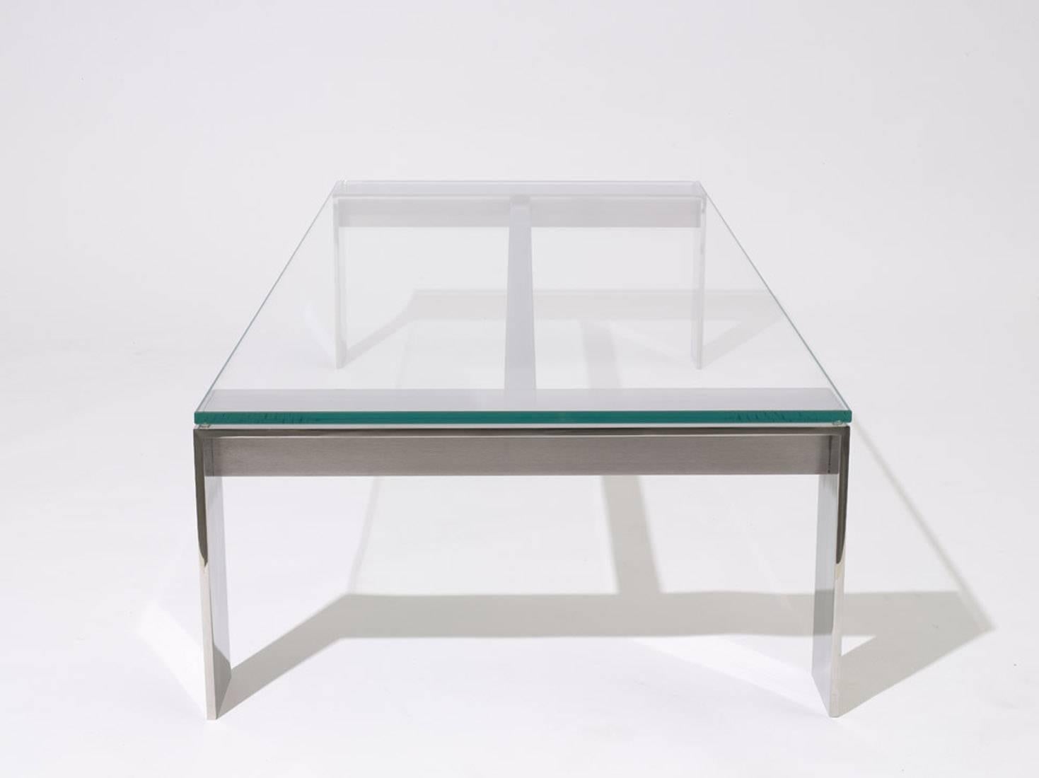 Contemporary Bridge Coffee Table Stainless Steel, Mirror Polished Finish with Clear Glass For Sale