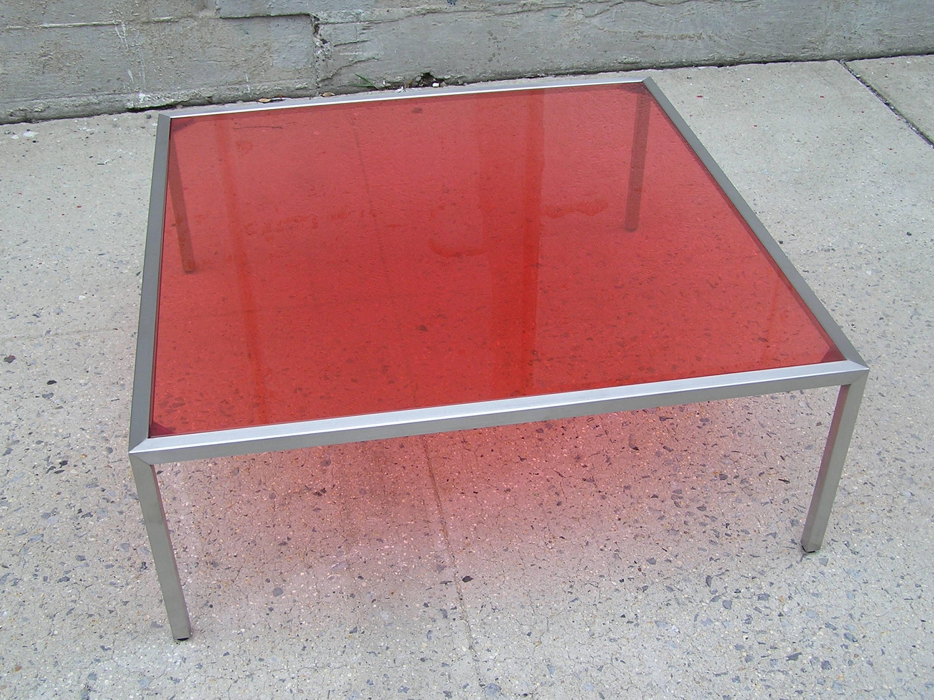 Modern Stainless Steel Coffee Table with Red Inset Glass For Sale