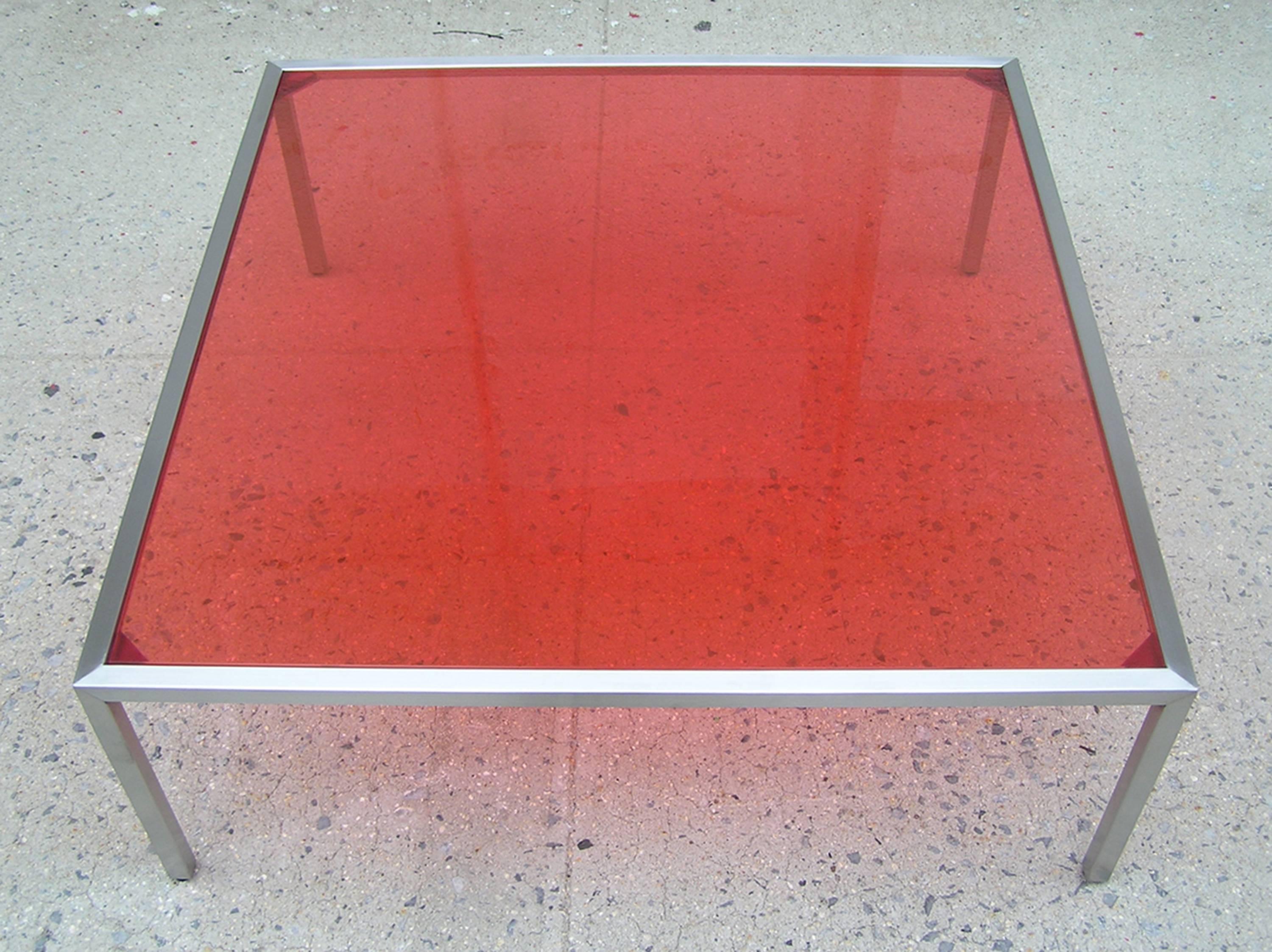 American Stainless Steel Coffee Table with Red Inset Glass For Sale
