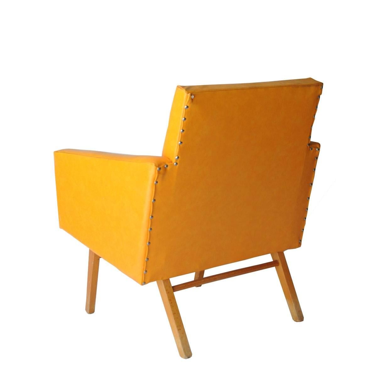 Mid-Century Modern Oak and Yellow Faux Leather Armchairs, Czech Republic, 1960