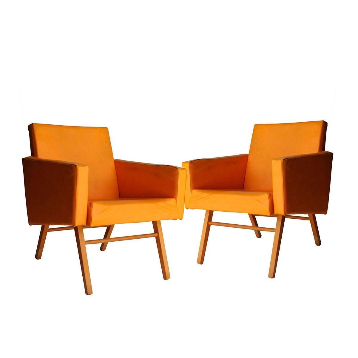 Oak and Yellow Faux Leather Armchairs, Czech Republic, 1960